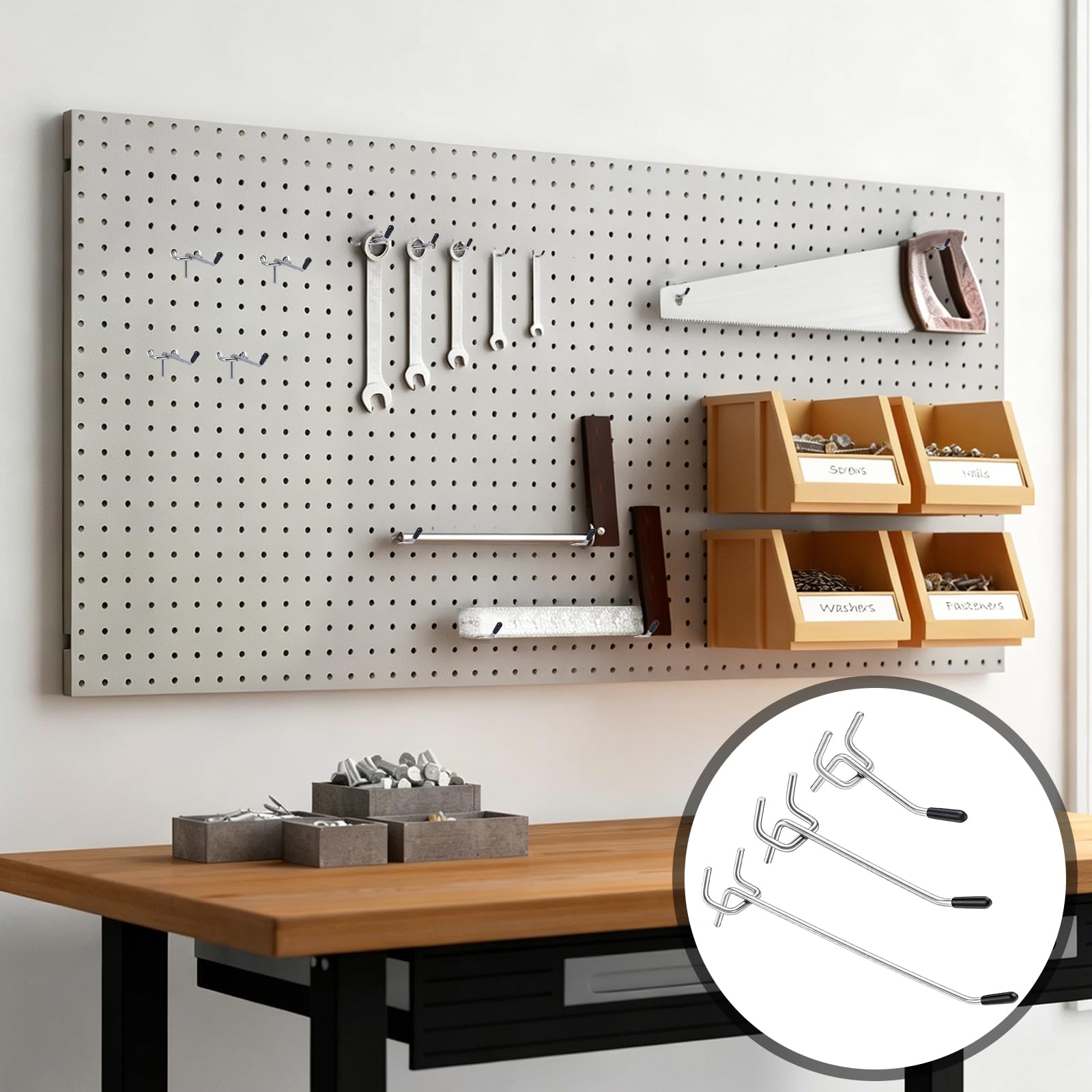Ganchos para panel perforado (150 unidades, 5/10/15 cm, con protección, panel perforado para herramientas de pared, cartelera para tienda minorista o garaje