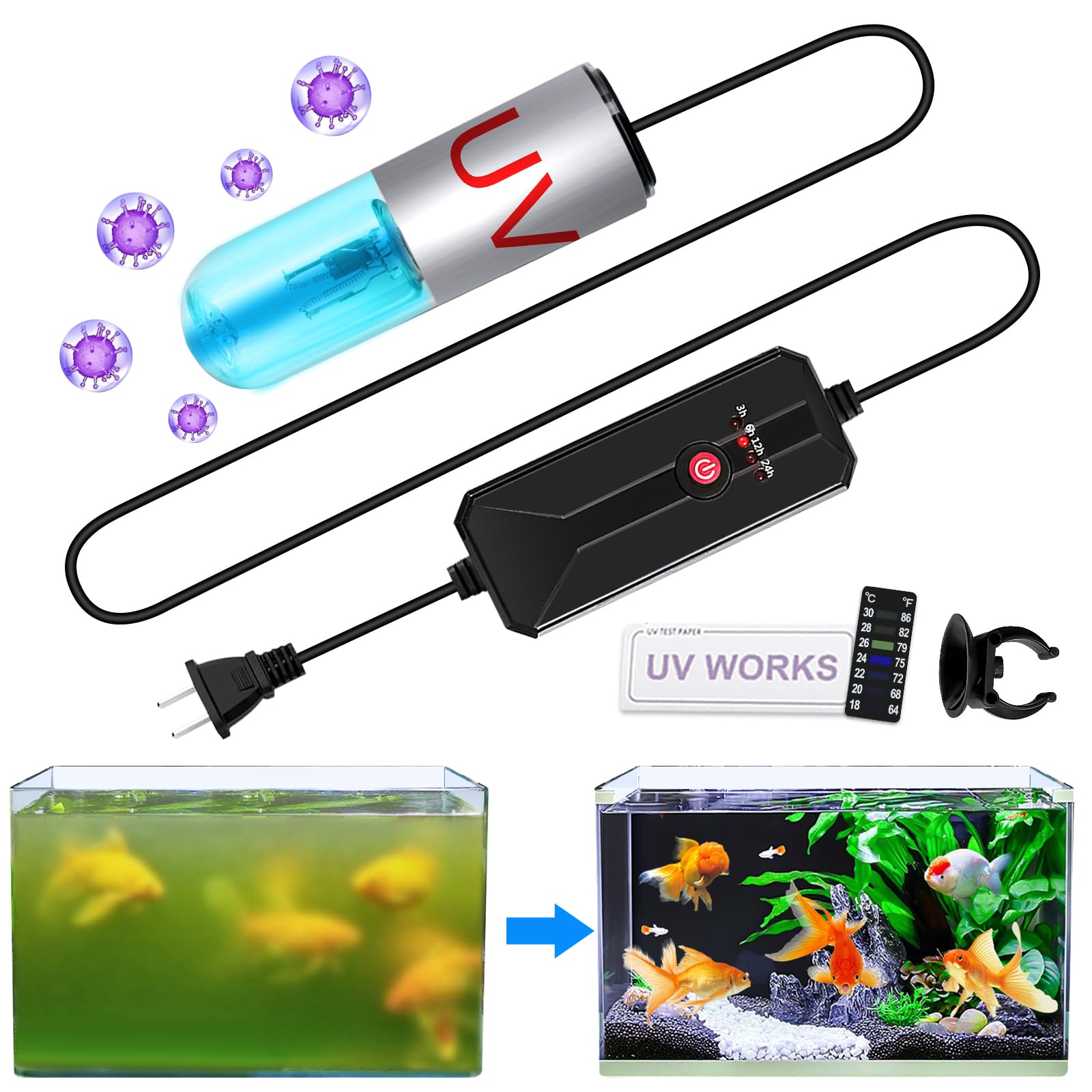 Aquarium Clean Light，3 W mini Submersible Algae Removal Light with Timer,Aquarium Water Clean Green Clear Waterproof Clean Light for Pond,Swimming Pool