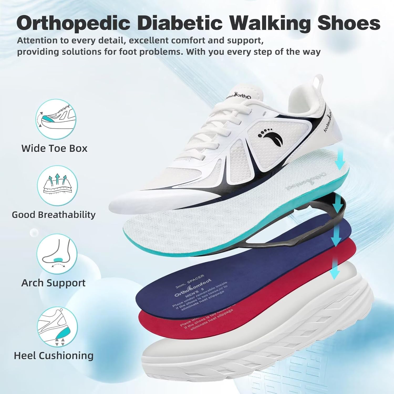 OrthoComfoot Upgraded Women's Orthopedic Shoes: Enhanced Upper & Premium Arch Support for Diabetic/Flat Feet - White 8 - Image 7