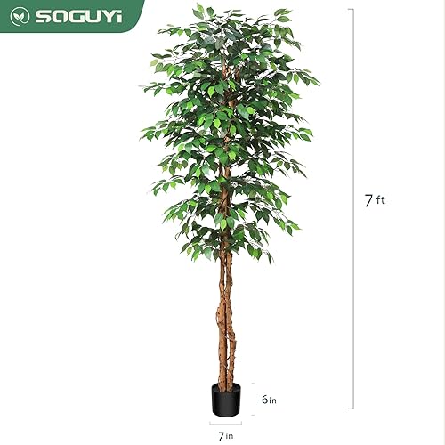 Miniatura 6 de SOGUYI Árbol de ficus artificial de 7 pies con tronco de madera natural, árbol de ficus falso de seda en maceta de plástico para guardería, planta