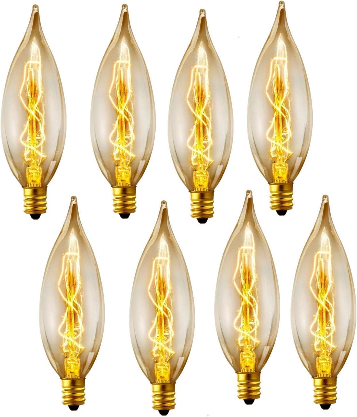 SCOMX E12 Edison Vintage Equivalent Energy Incandescent Chandelier 40W 110-130V, 280 Lumen Bent Flame Tip Bulb with Candelabra Base Home Light Fixtures Decorative, Dimmable 8-Pack