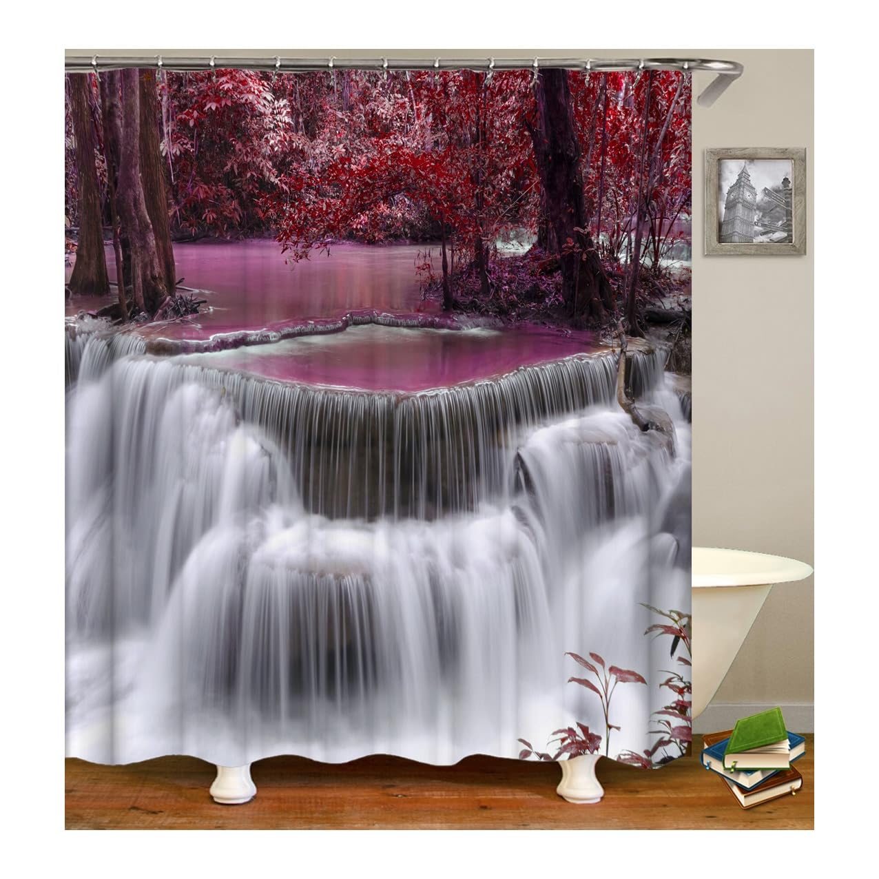 Rideau de douche rouge cascade de forêt 165x180 cm polyester imperméable