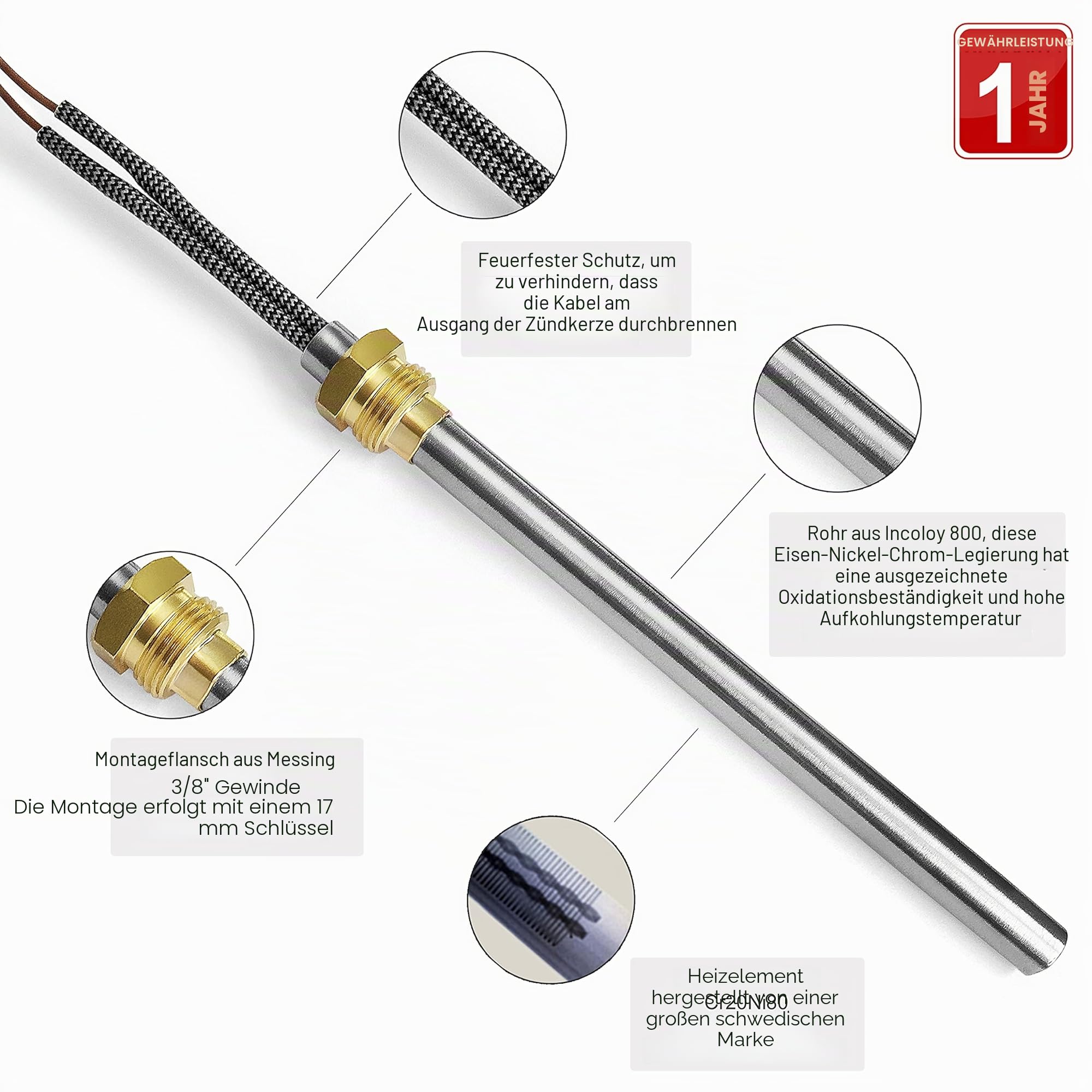Glühzünder/Zündkerze für Pelletöfen, 250 W, 140/150 mm, Durchmesser 9,9 mm, Gewinde 3/8 mit Kabelschuhen - 1 Jahr Garantie
