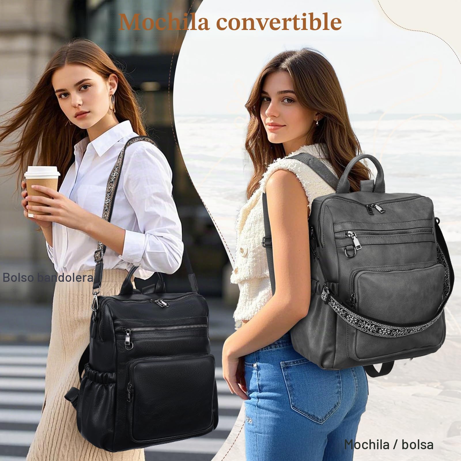 Mochila Mujer de Cuero PU Mochila Pequeña Mujer con Convertible en 2 Formas de Llevar Mochila Mujer Casual para Diario
