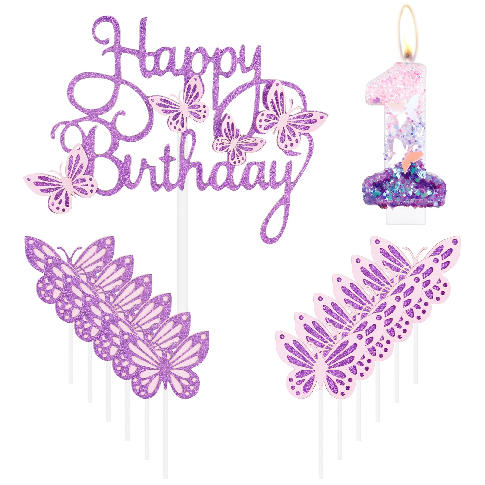 iNINGER Birthday Candles,Number 1 Candle,Butterfly 1st Birthday Decorations for Women/Girl,Cupcake Candle for Party,Purple Handmade Sequin Numeral Candle Wedding Cake Topper Anniversary Party Decor
