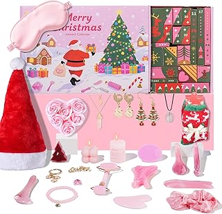 Advent Skincare Calendar for Teen Girls Women 2025, Christmas Gifts For Women24 Days Useful Beauty Blind Box Gifts, Gua Sha Facial Tools, Jade Roller Set, Spa, Jewelry, Scented Candles, Fuzzy Socks Gadget Tool for Mom Wife Daughter Sister