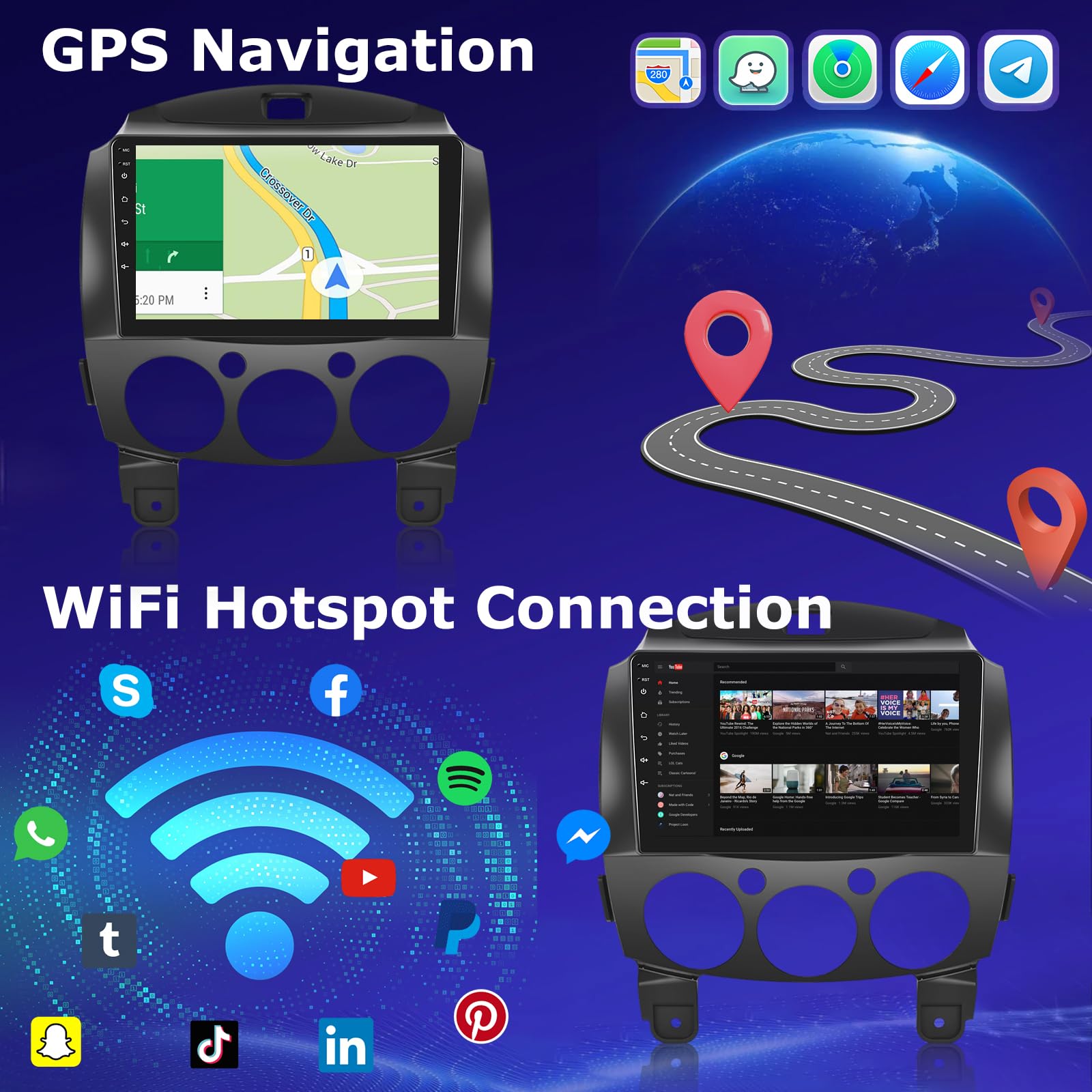 2G+64G Android Autoradio für Mazda 2 2007-2014 mit Wireless Carplay & Android Auto, 9 Zoll Touchscreen Autoradio mit WiFi, GPS Navigation, Bluetooth, FM RDS