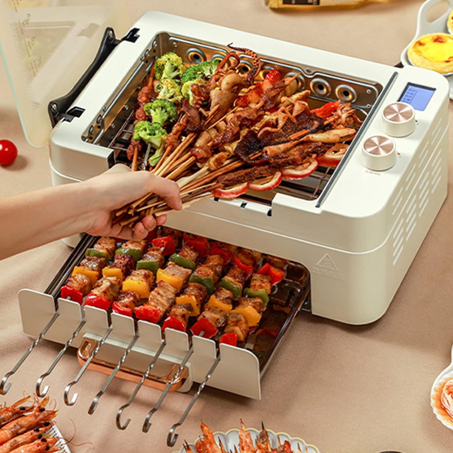 Multipurpose Hot Plate Grill Double Layer, Smokeless Electric Grill, 1000W Health BBQ Grill with Adjustable Temperature, Drip Tray, Easy Clean Table Barbecue Grill for Outdoor Indoor Barbecue,White