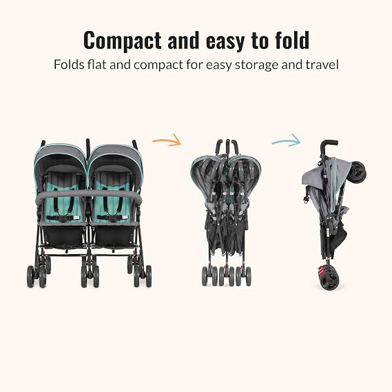 Dream On Me Volgo Twin Baby Stroller, Lightweight Side-by-Side Double Umbrella Stroller with Adjustable Canopy, 5-Point Harness, Storage Basket & Travel-Friendly Fold Mint