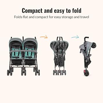 Dream On Me Volgo Twin Baby Stroller, Lightweight Side-by-Side Double Umbrella Stroller with Adjustable Canopy, 5-Point Harness, Storage Basket & Travel-Friendly Fold Mint