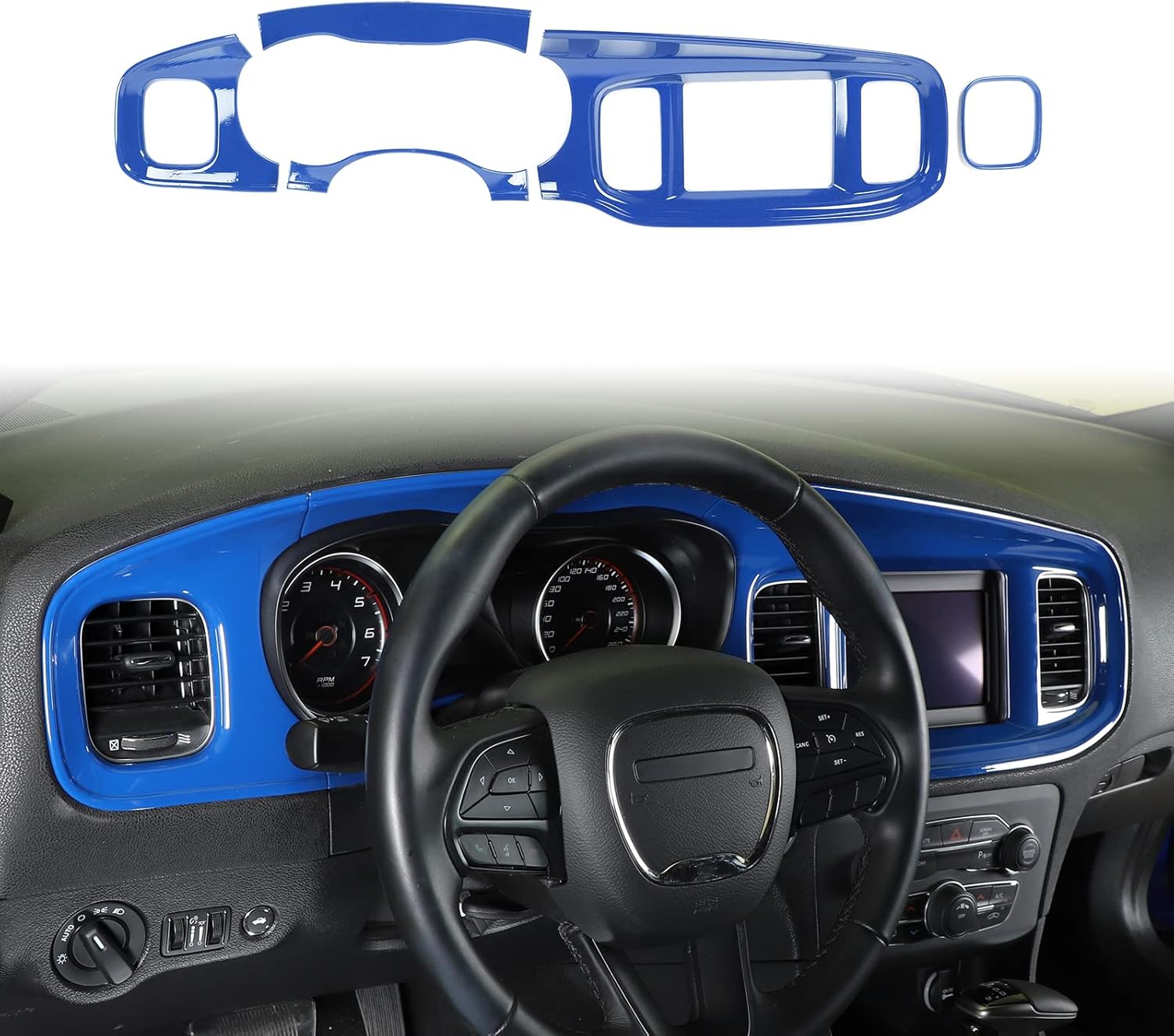 JWWY for Charger Center Consoles Dash Board Dashboard Instrument Gauge Cluster Dash Fascia Trim Panel Garnish Bezel for 2015-2024+ Dodge Charger Interior Accessories,ABS Blue 5pcs