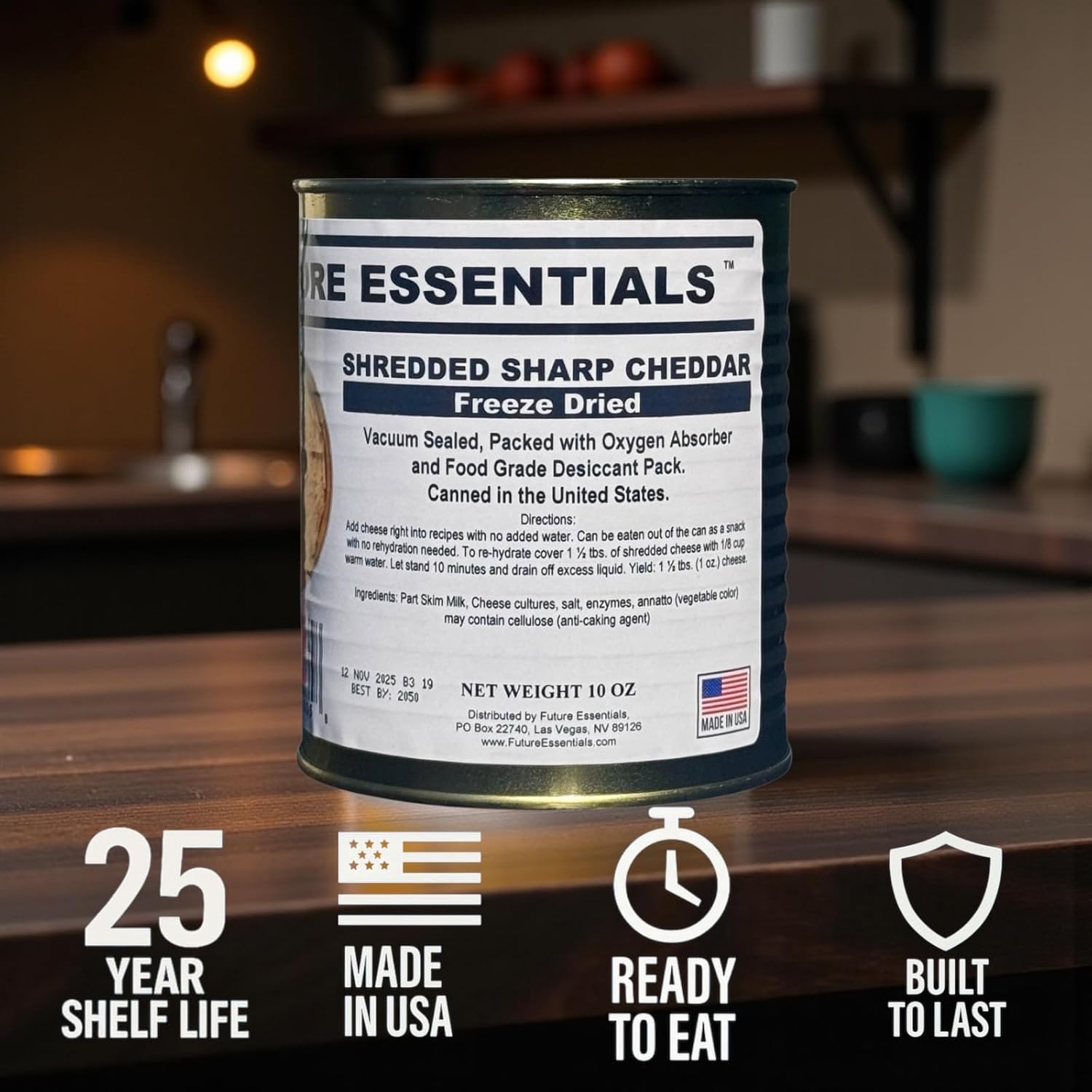 Future Essentials Freeze Dried Shredded Sharp Cheddar Cheese – #2.5 Can – Emergency Food Supply – 25-Year Shelf Life – Made in USA & Easy to Use in Recipes, 10 oz, 1-Pack