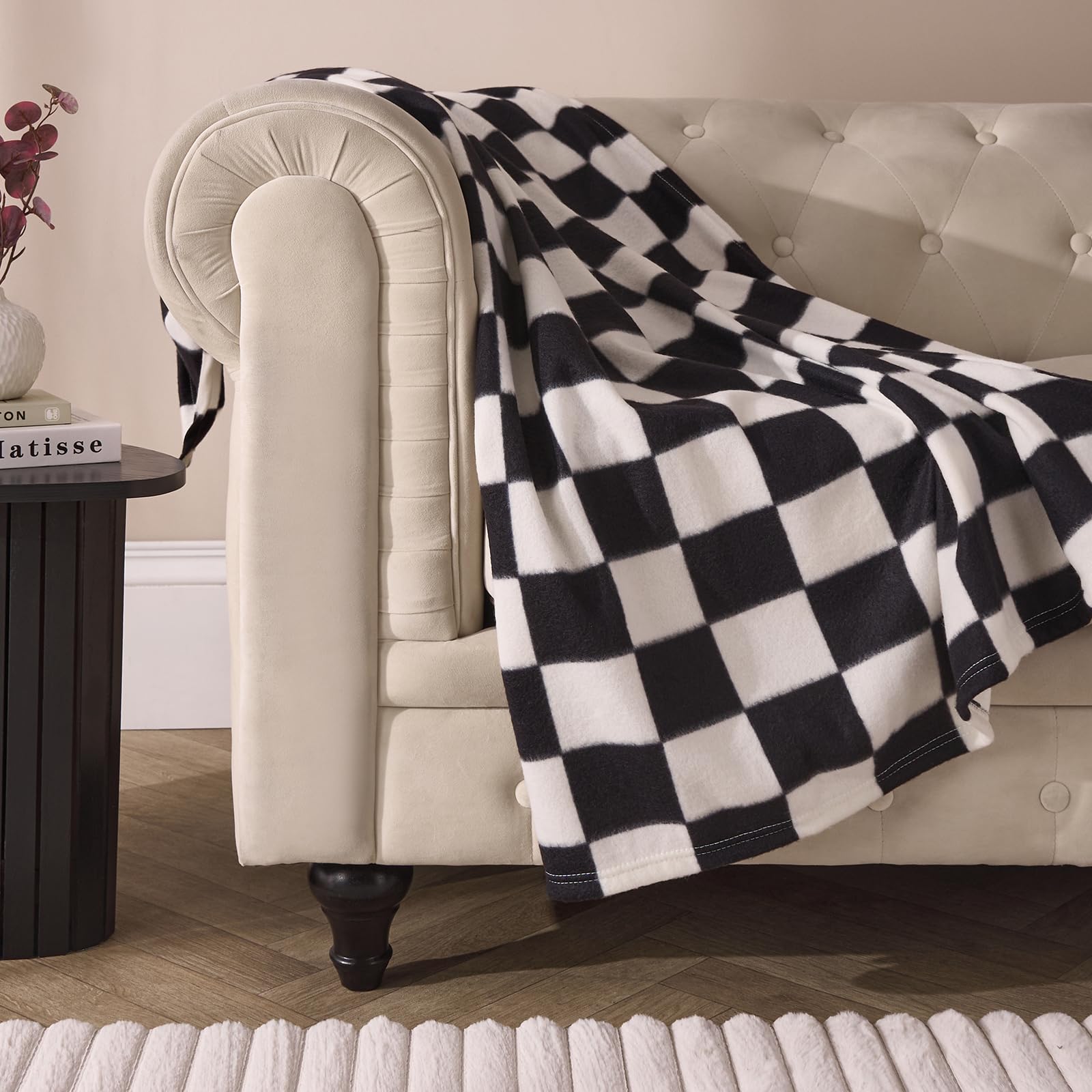 Ohs Women's Mono - Checkerboard Fleece Blanket For Bed, Soft Warm Cosy Checkerboard Throws For Sofas Settee Couch Decorative Throw Blanket Lightweight Comfy Single Bed Throw, Monochrome - 120 X 150Cm
