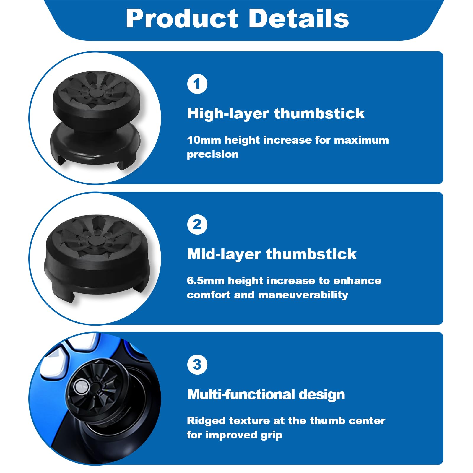2PCS Thumb Grip Joystick Caps for PS5/PS4 Controller, Silicone Thumb Cap 1 High-Rise 1 Mid-Rise Non Slip Rubber Textured Grip Design to Help with Aim Control Accuracy Compatible with PS5 PS4 — view 5