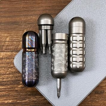 Titanium Waterproof Capsule EDC Tool with Screwdriver Bits, Mini Pocket Tool Kit with 5 Bits, CNC Titanium Alloy Storage Container, Compact Tool for Camping Repair (Wave Pattern Titanium)