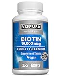 Biotin 10000 mcg + Zinc + Selenium, Pure, Vegan & Extra Strong, Best Supplement for Hair Growth, Glowing Skin, Strong Nails*, 365 Tablets for 12 Months, Natural Without Additives