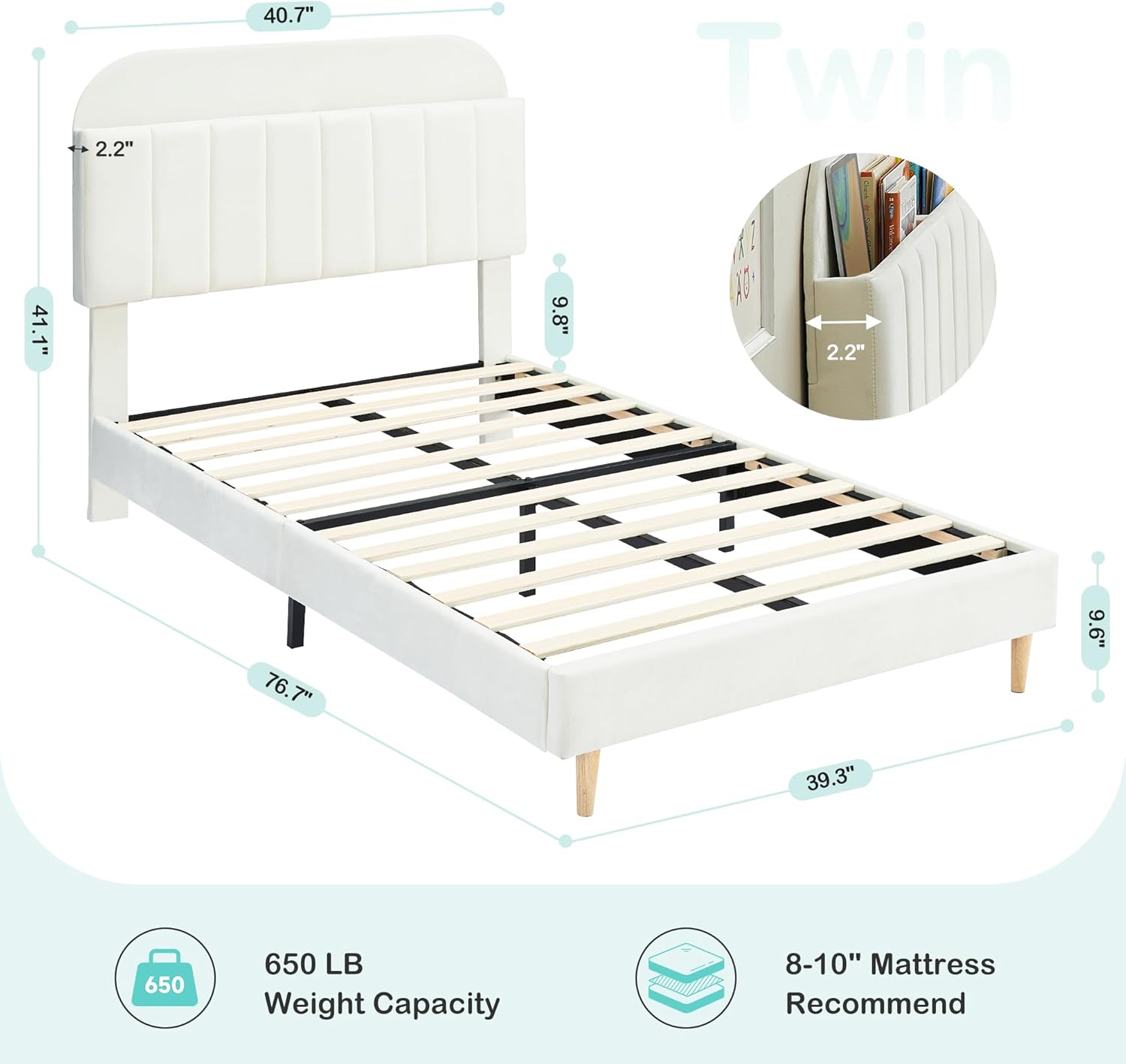 IDEALHOUSE 2PCS Twin Bed Frames, Upholstered Platform Bed Frame with Bookcase Headboard, Velvet Platform Bed Mattress Foundation, Heavy Duty Steel Support Legs, Easy Assembly, Noise Free, Cream White