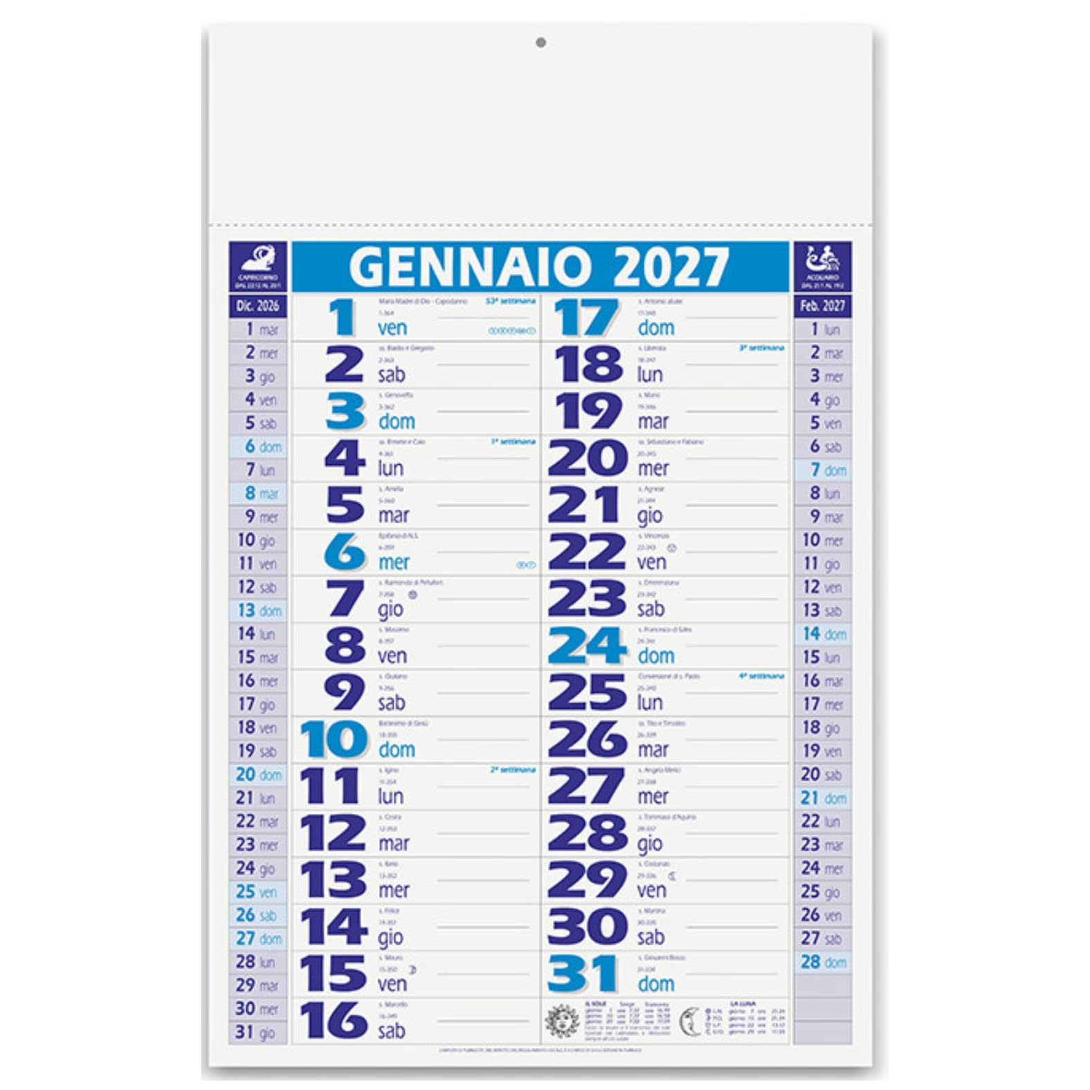 Calendario 2027 da Parete Olandese Classico 30x47 cm Spazio Appunti, Appuntamenti, Scadenze, Turni, Planning Casa e Ufficio 12 Mesi Diario Organizzazione (Blu)