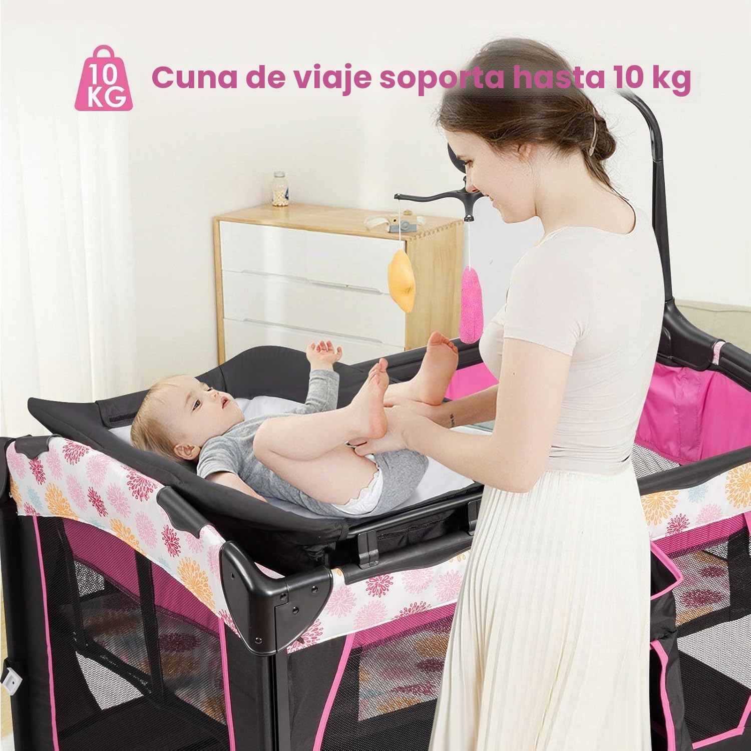 FANTASK Cuna de Viaje Plegable 4 en 1 de hasta 15 kg, moisés, Cuna Auxiliar, Cambiador y Parque Infantil, 2 Niveles, Altura Regulable, con Bolsa de Transporte, colchón y Caja de música