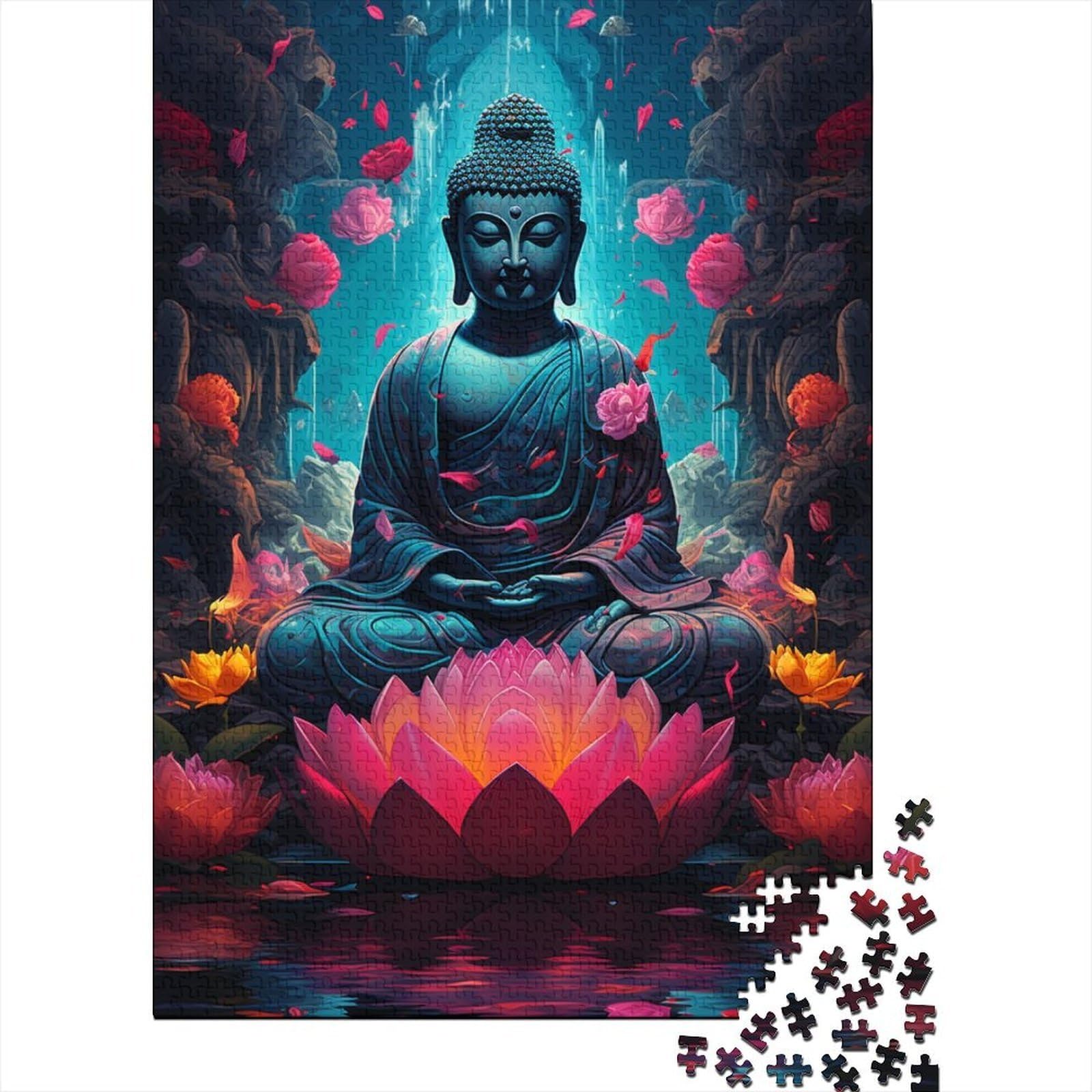 Meditative Statue Jigsaw Puzzle for Adults 1000 Piece Jigsaw Puzzle Paper Dreamy Lotus Zen Scene Puzzle Game for Family Relaxation Home Decor Gift 52x38cm/1000pcs