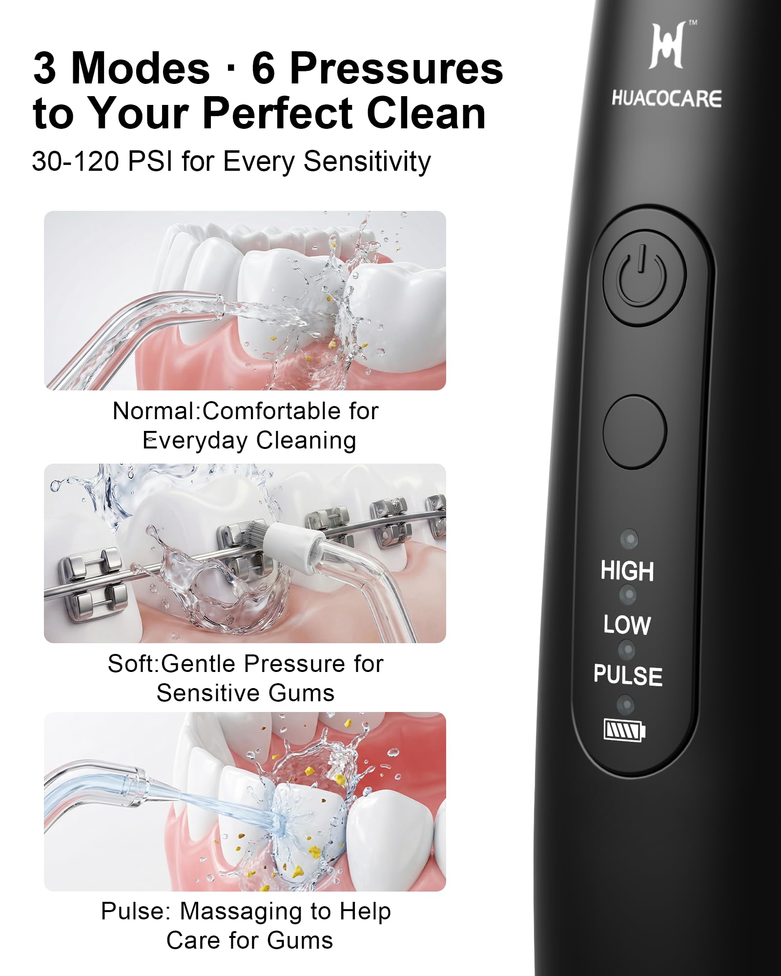 HUACO CARE Irrigador Dental Inalámbrico, 6 Ajustes de Presión y 3 Modos, Tanque 220 ml, Batería 30 Días, Impermeable IPX7, Irrigador Bucal Portátil para Dientes, Encías y Brackets