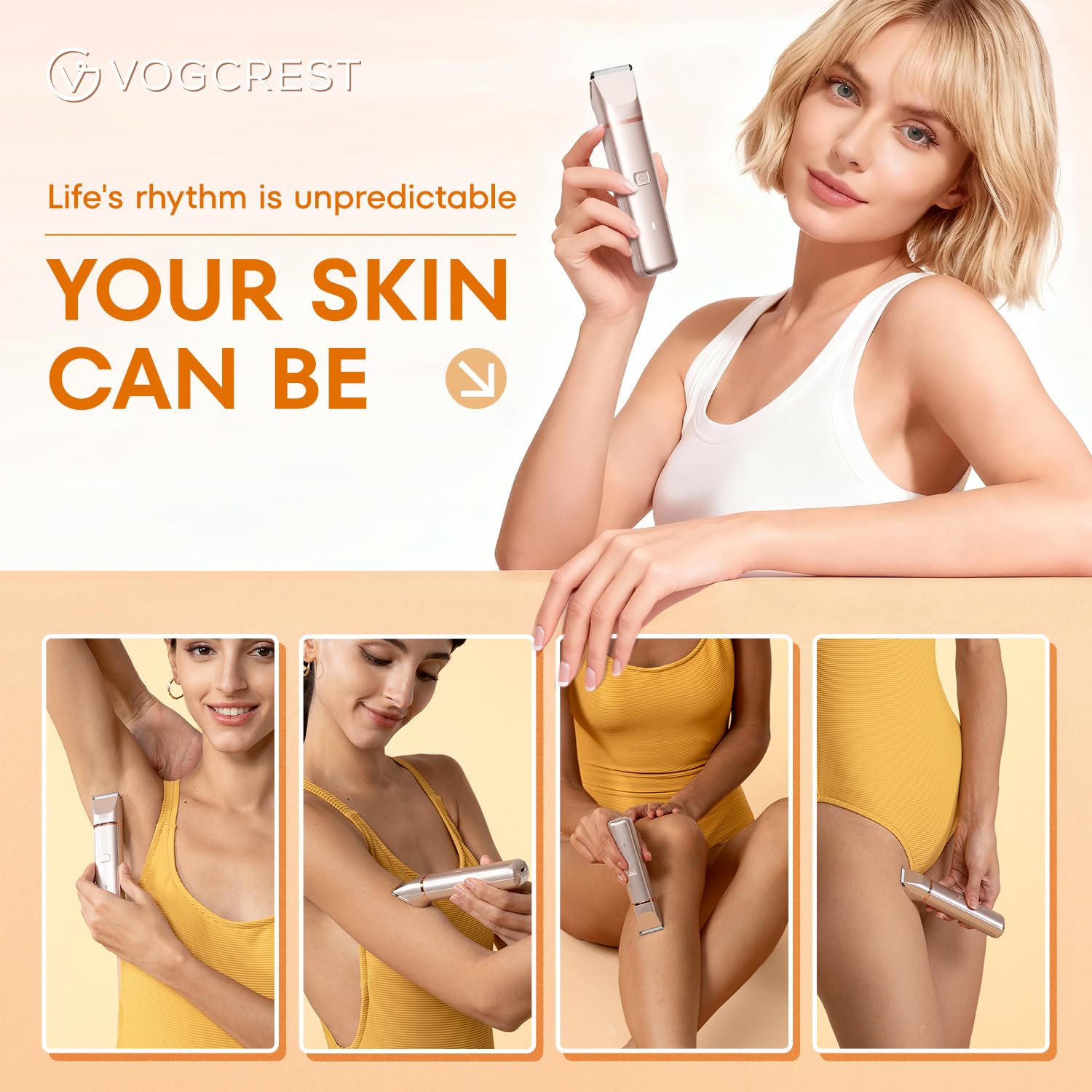 VG VOGCREST Bikini Trimmer für Frauen - 2-in-1 schmerzloser Körperrasierer für Achselbein Arm (Champagner Gold)
