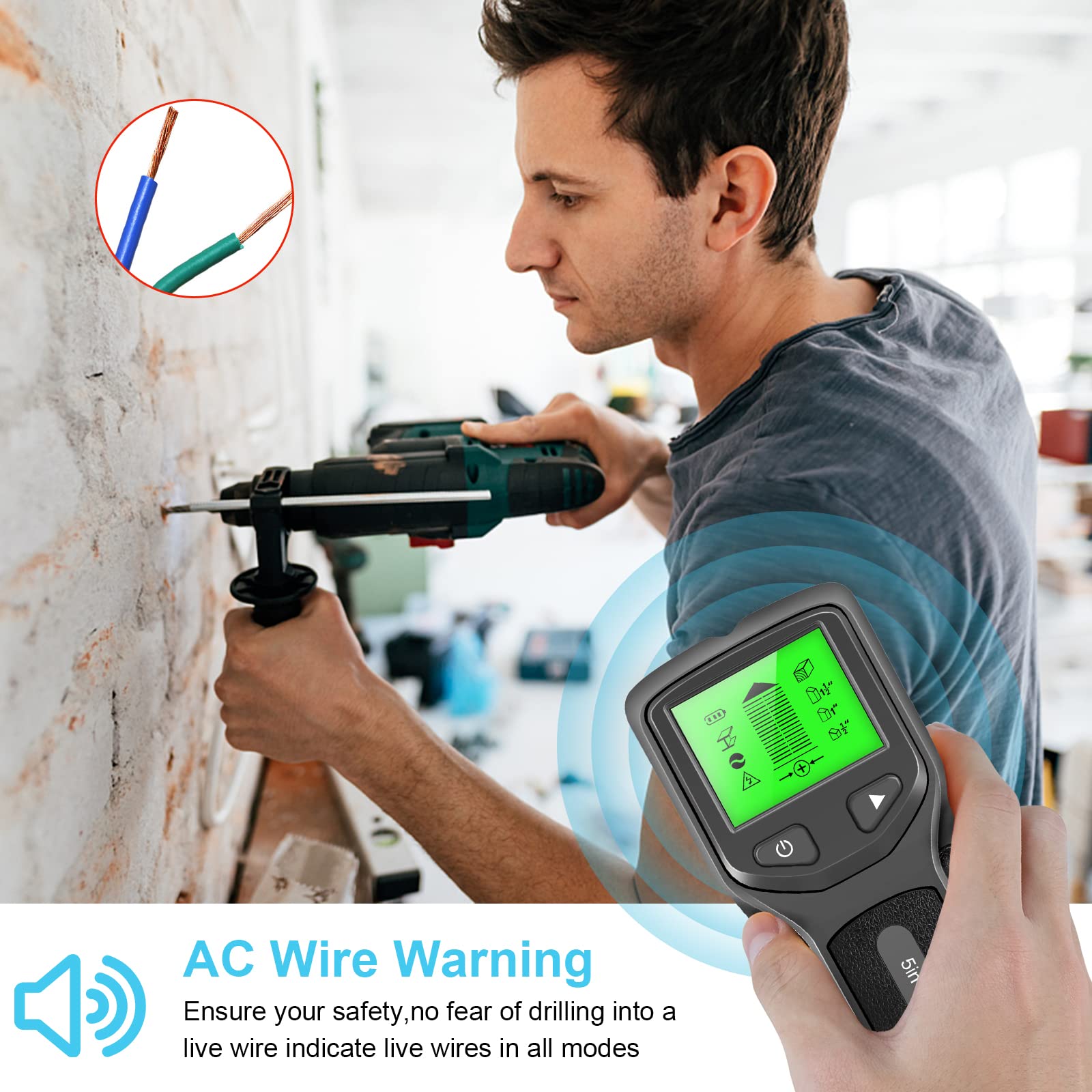 Escáner de Pared con buscador de Montantes, HW430 Detector de Vigas 5 en 1 Escáner de Pared Digital portátil Detector de Pared multifunción Profesional Cables Vivos Cable Tubería de Agua de PVC