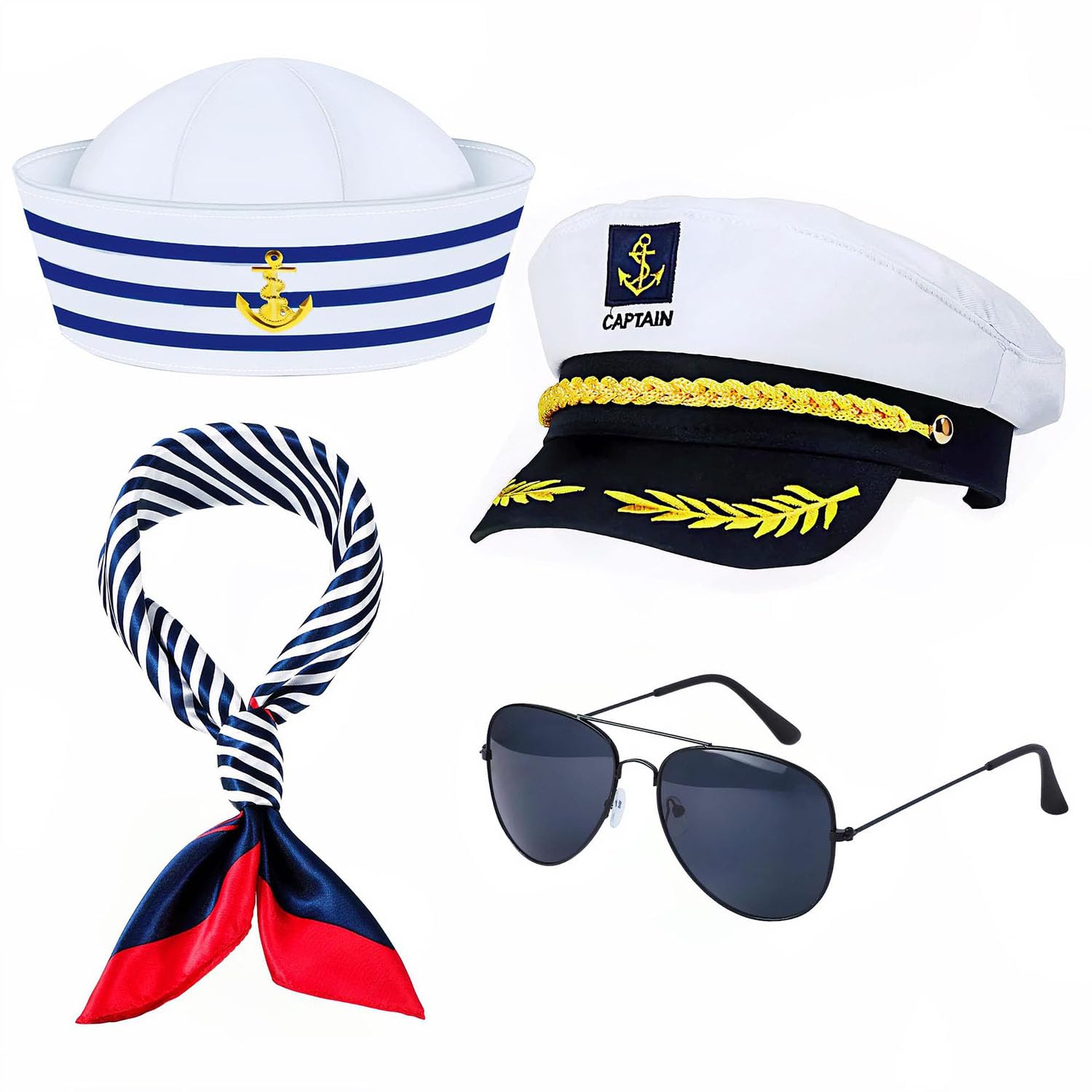 Captain Sailor Costume Set, Captain Hat, Sailor Hat, Scarf and Sunglasses, Nautical Yacht Navy Costume Accessories Kit for Men Women, Boat Yacht Accessories for Halloween Cosplay, Sailor Party, 4pcs — image 1