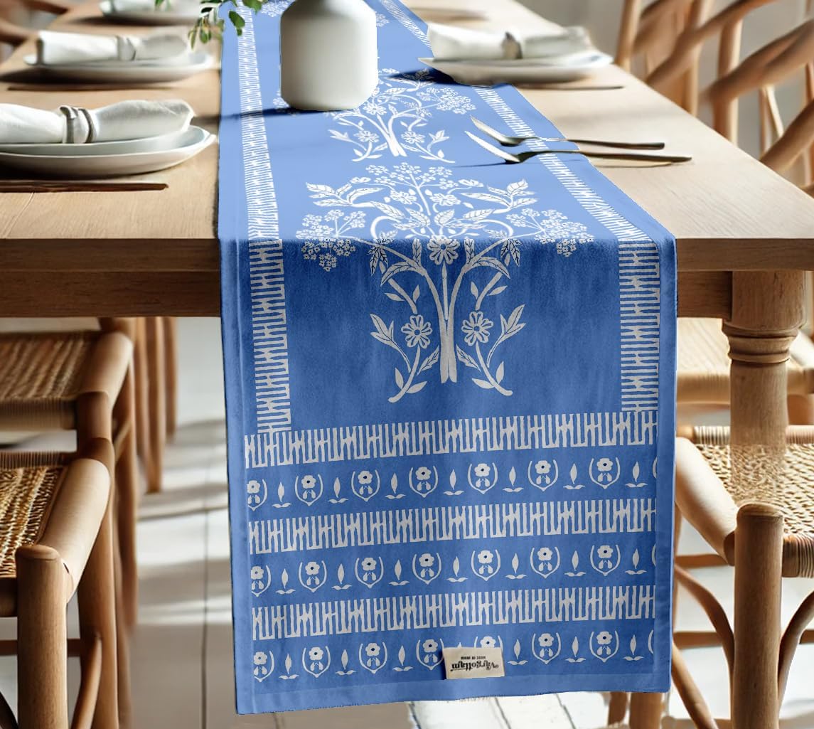 Double Layer Cotton Table Runner with Border - Leaves Print, Machine Washable - Dining Table Décor for Farmhouse & Modern Homes