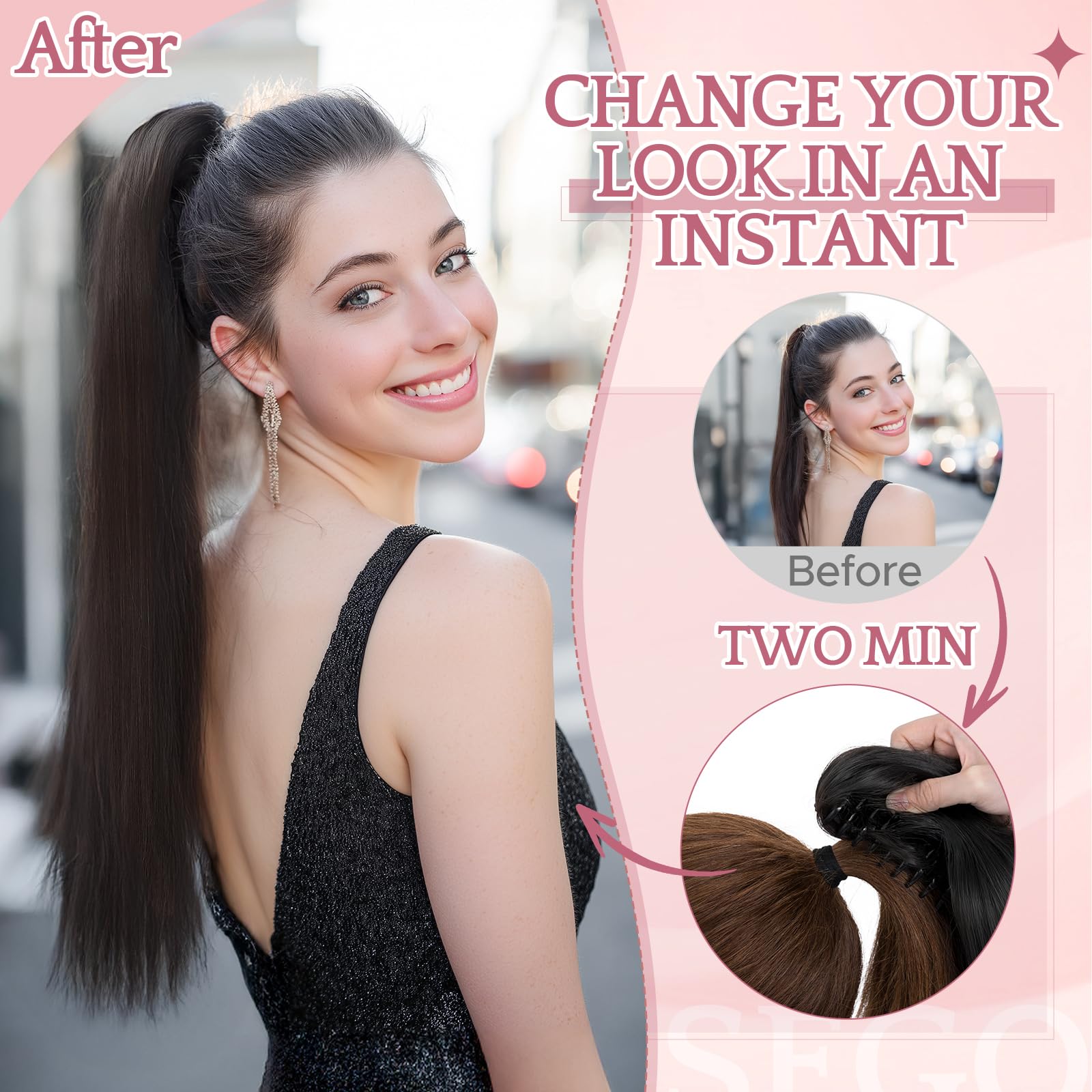 SEGO Pro Claw Clip Ponytail Hair Extensions Synthetic Pony Tail Hair Pieces for Women 21 Inch Straight 140g (Dark Brown) - Image 4