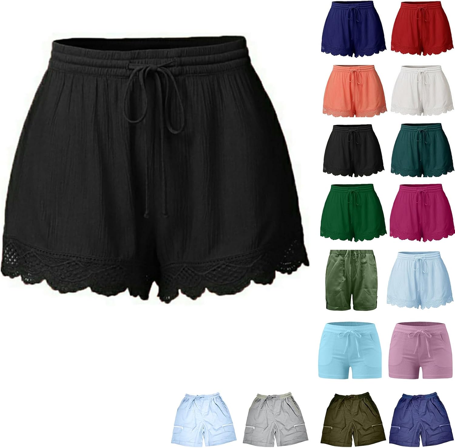 Cocila Shorts Womens UK Summer Drawstring Cotton Elastic Waist Solid Color Casual Shorts Sport Pants Lace Rope Trousers Yoga Shorts Women Size Pants Slim Fit Everyday Goingout Shorts