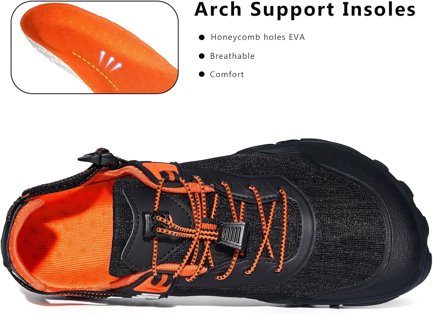 Eagsouni Womens Mens Water Shoes Quick Dry Sport Aqua Shoes Barefoot Non-Slip Outdoor Hiking Sandals with Wide Toe Box & Arch Support 8.5 Wide Women/7.5 Wide Men Black With Orange image 3 of 5 B0D1XZNS8M