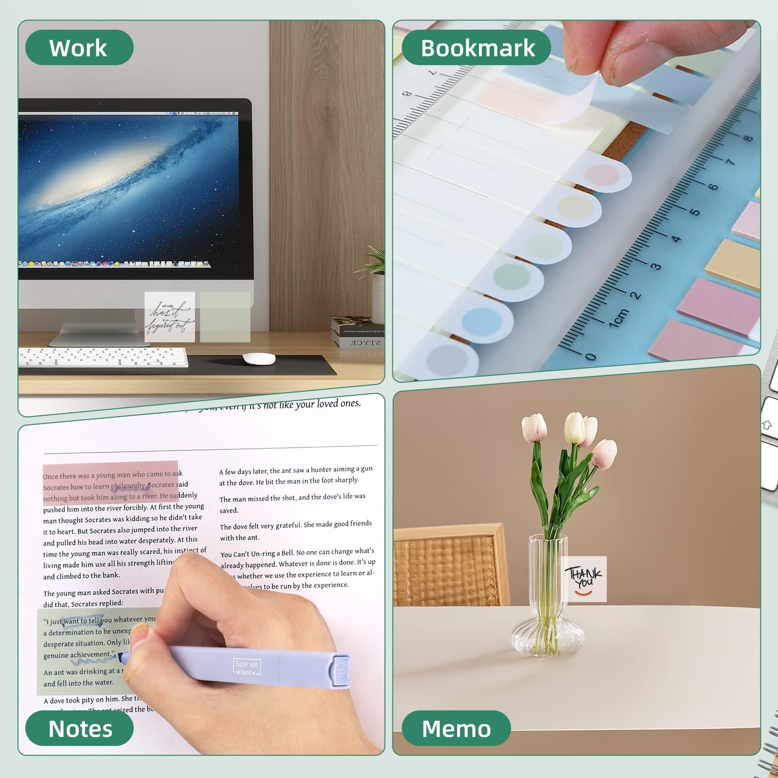 700 Notes Autocollantes Transparentes + 12 Surligneurs Pastel - Marque-pages Adhésifs Avec Règle - Pour Études, Bureau, Organisation