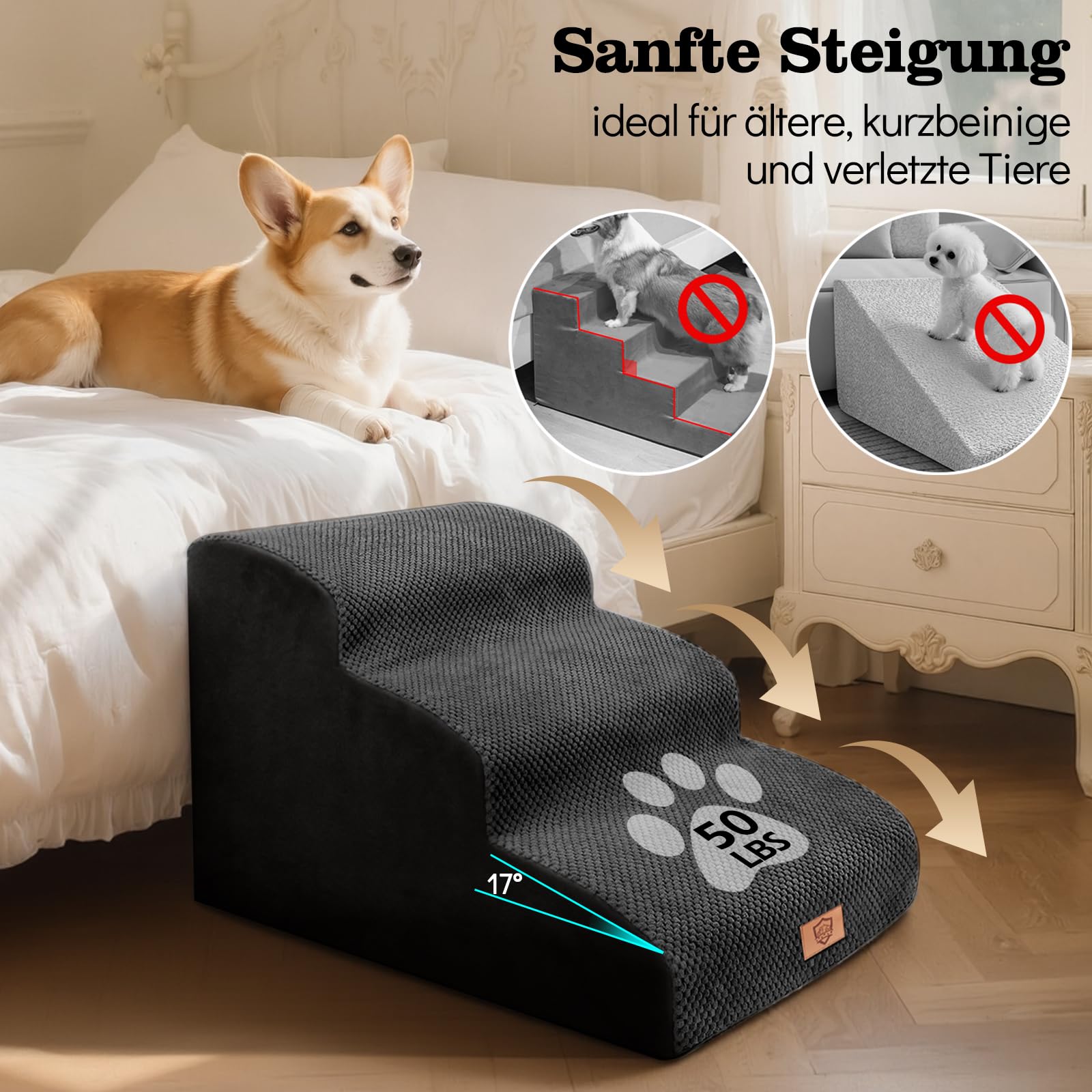 MASTERTOP Hundetreppe für kleine Hunde, Hundetreppe 3 Stufen aus Hochdichter Schwamm, rutschfest Tragbar Hunderampe Katzentreppe mit Tragegriff und Aufbewahrungstasche für Sofa Betten(Schwarz)