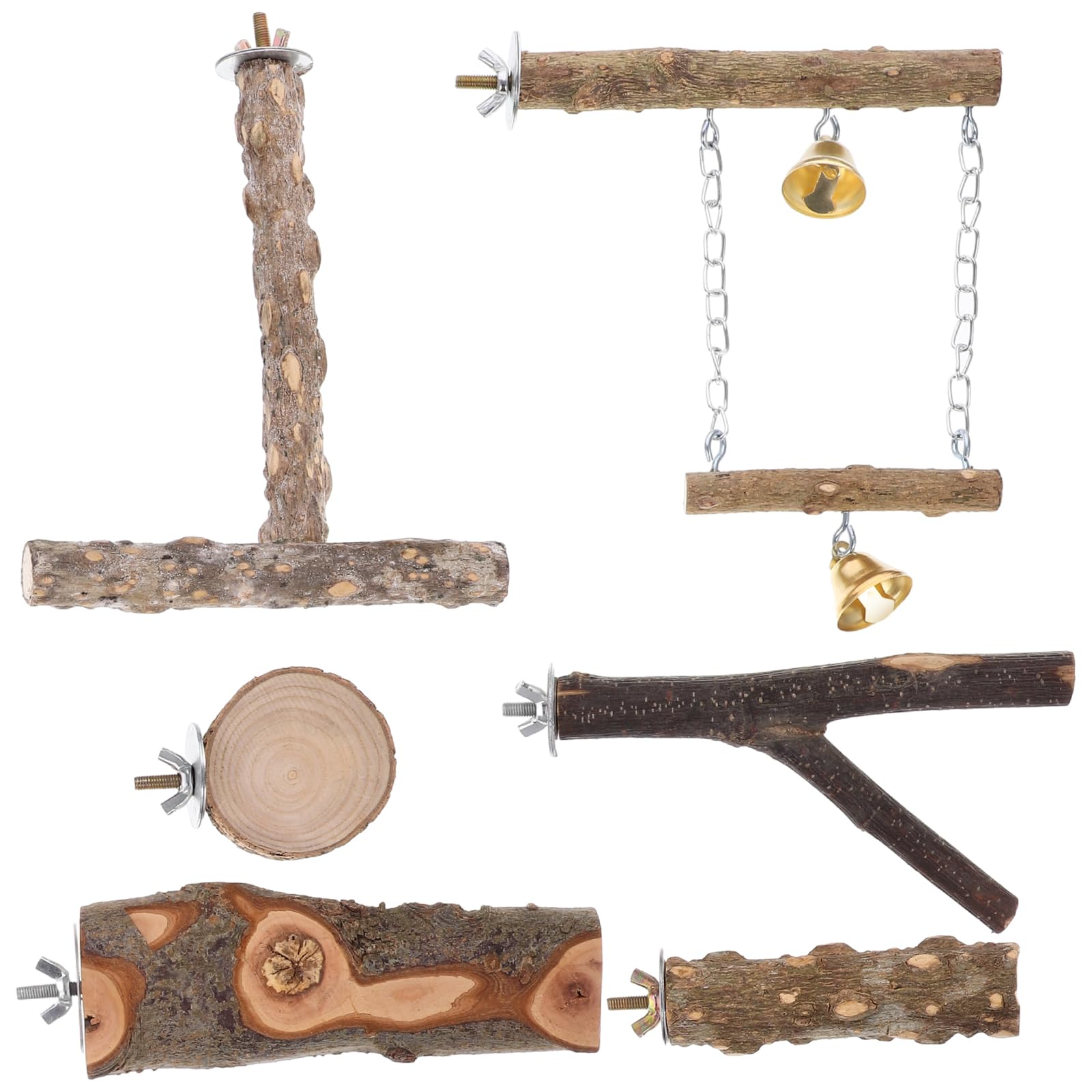 Perchoirs naturel pour cage à oiseaux UKCOCO : lot de 6 supports et jouets suspendus