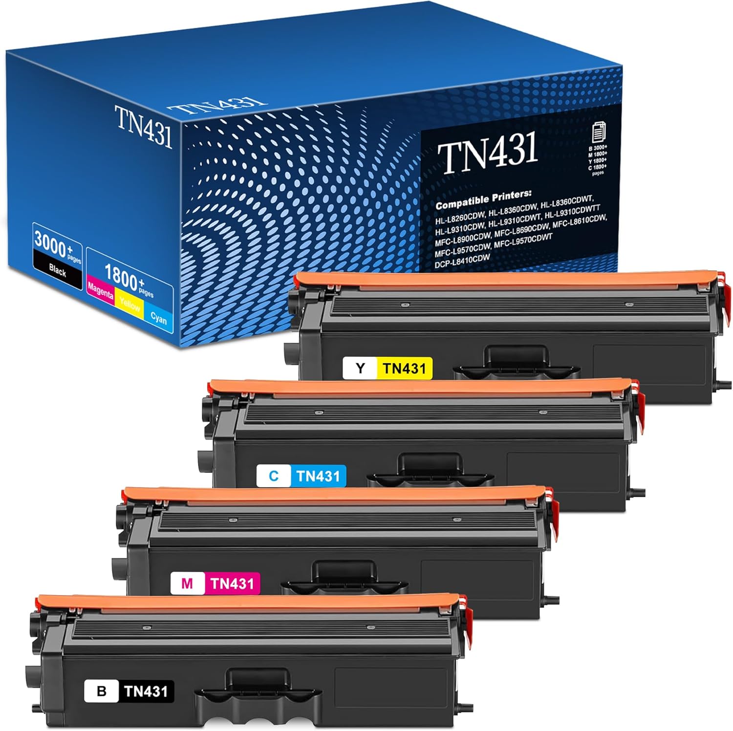 TN431 TN-431 Toner Cartridges 4-Pack Compatible for Brother TN431 TN 431 TN-431 Toner Compatible for Brother MFC-L8900CDW HL-L8360CDW HL-L8260CDW MFC-L8905CDW MFC-L8610CDW HL-L8360CDWT, 4 Color Set