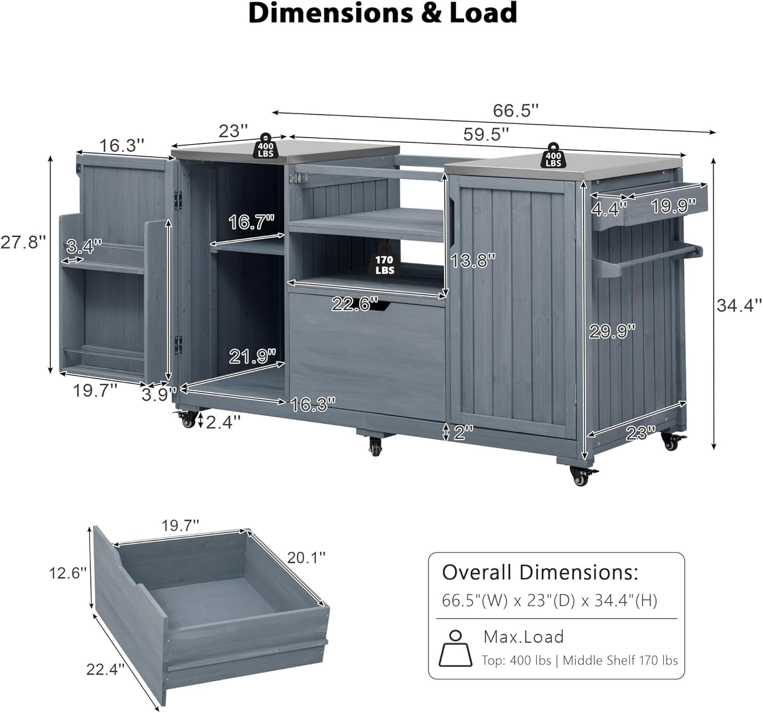 66.5" Outdoor Grill Cart with Storage, Movable Outdoor Kitchen Island with Stainless Steel Top & Wheels, Solid Wood BBQ Tables with Drawer/S-Hook/Bottle Opener for Outside Patio (Grey+Blue)