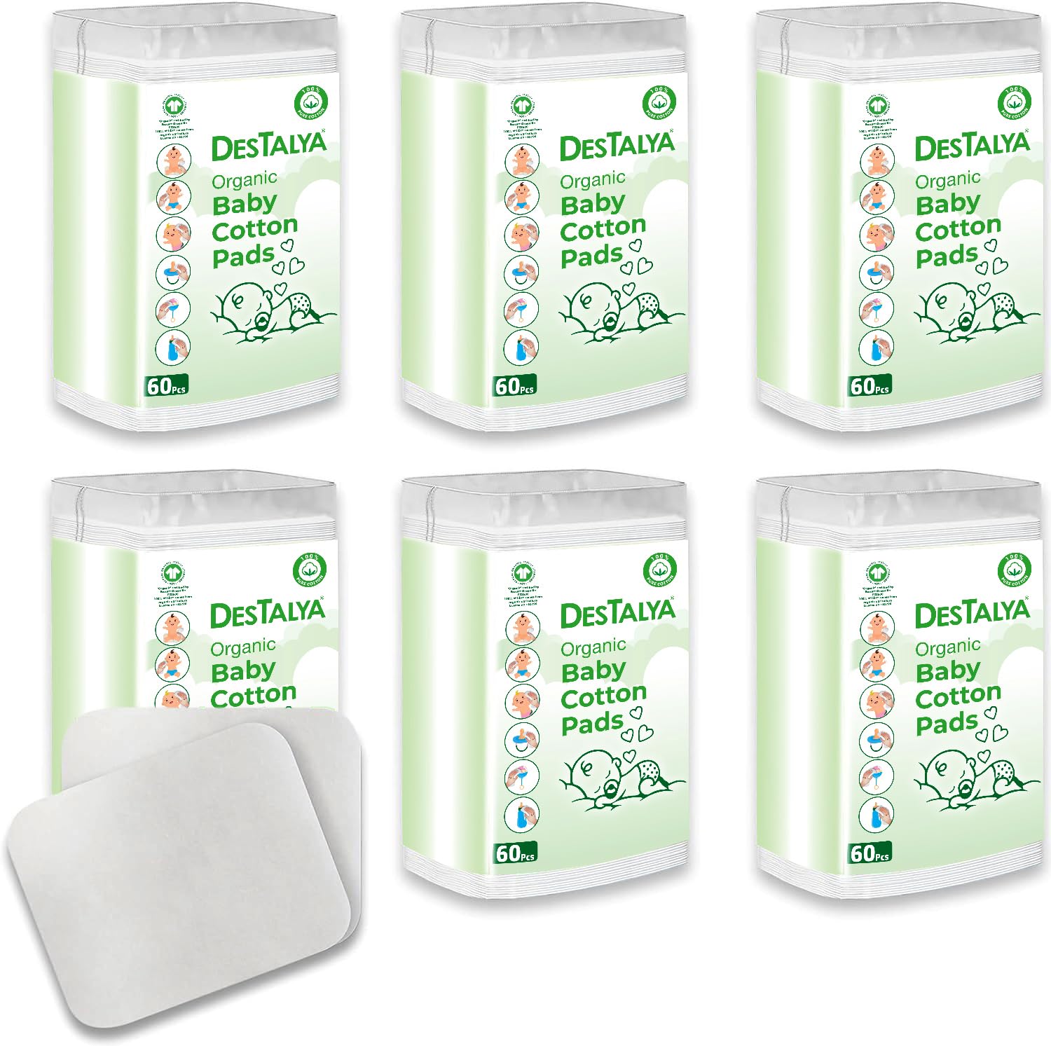 DESTALYA Lingettes Jetables Coton Bébé Peaux Sensibles Cotons Bio 360