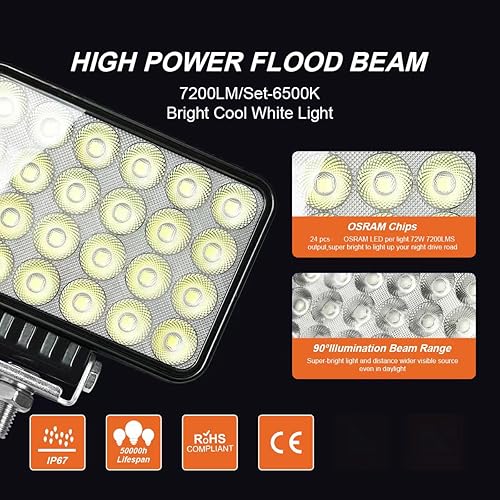 Miniatura 5 de Paquete de 2 luces LED de trabajo de 72 W y 2 unidades, 45 W, barra de luz LED resistente para todo terreno, reflector, luz LED de respaldo