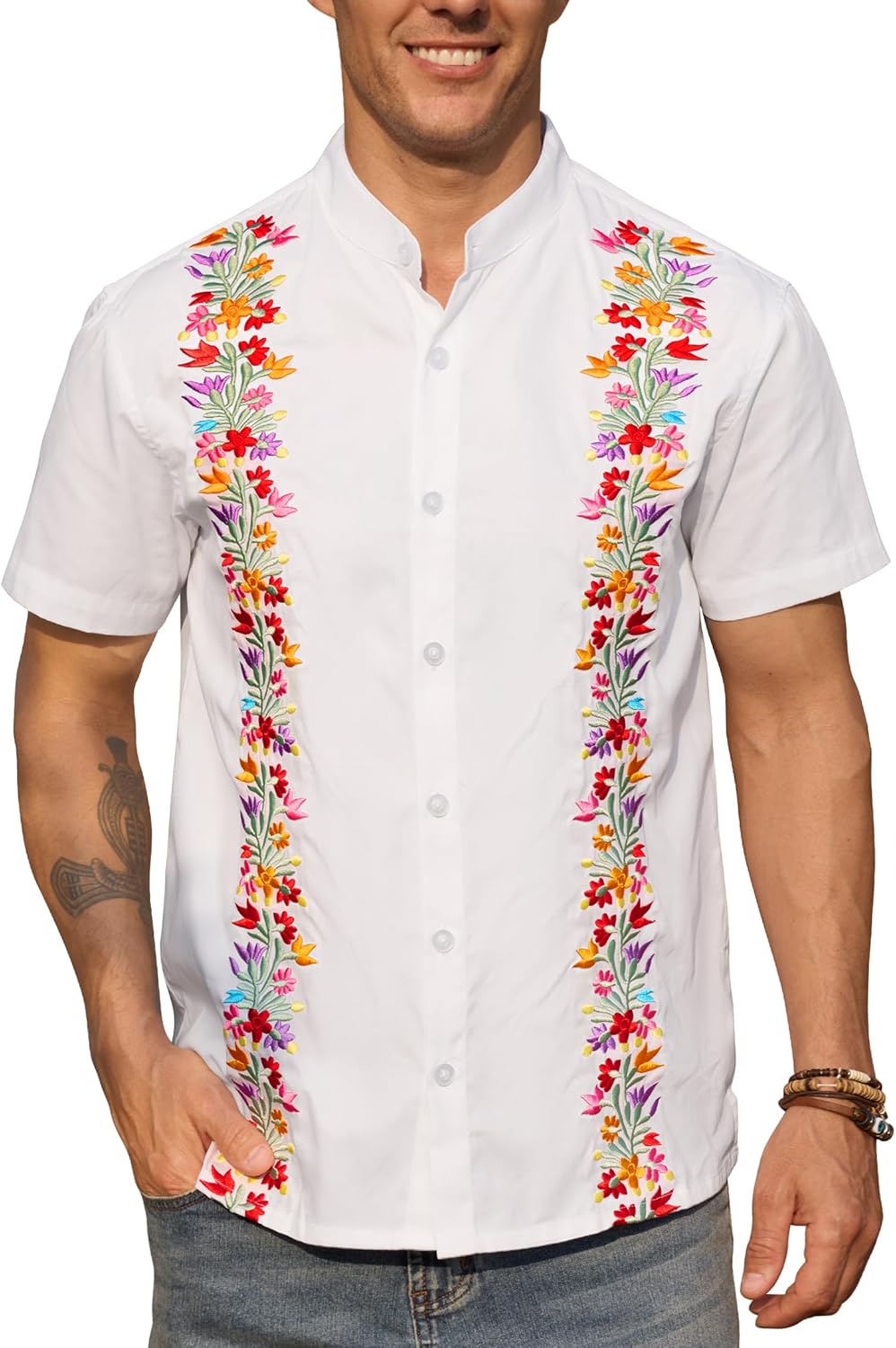 Arvilhill Men's Mexican Shirt Cotton Dress Band Collar Cinco de Mayo Fiesta Button Shirts (S-3XL)