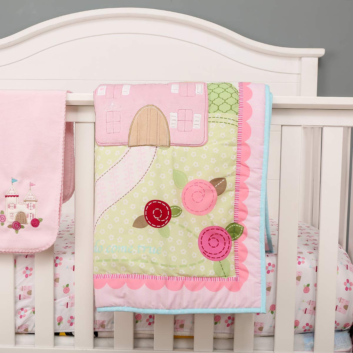 Brandream Pink Dreamy Castle - Juego de cama para cuna para niña | Juego de cama de 3 piezas de algodón floral | colcha de bebé, sábana bajera ajustable para cuna incluida
