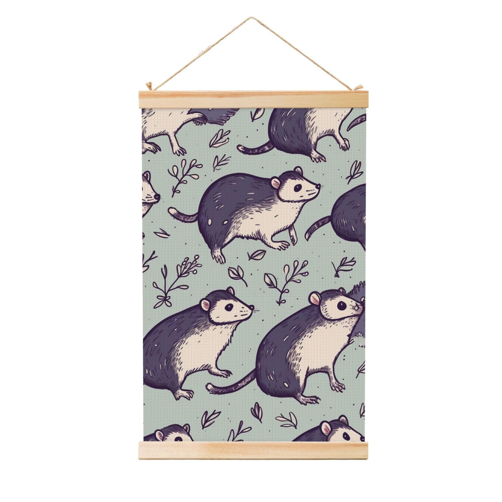 Opossum Poster Wooden Shaft Hanging Poster Wall Hanging Banner Canvas Artwork with Wood Frames 16"x24" Modern Artwork Decor Ready to Hang Wall Art for Home Decor Scroll Painting