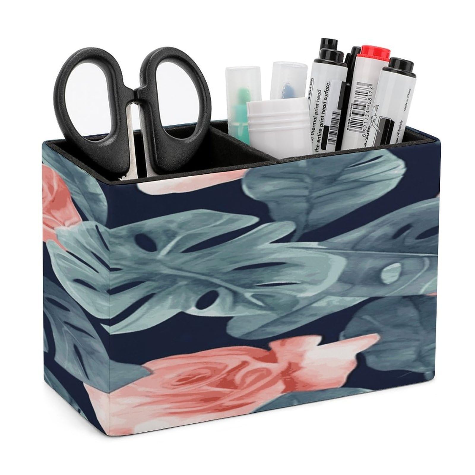LDGSUPH Watercolor Monstera Pattern Leather Pen Holder for Desk Organizer Caddy Large Pencil Cup Multi-function Pencil Holder Makeup Brush Holders Pen Organizer for Home Office Storage Box