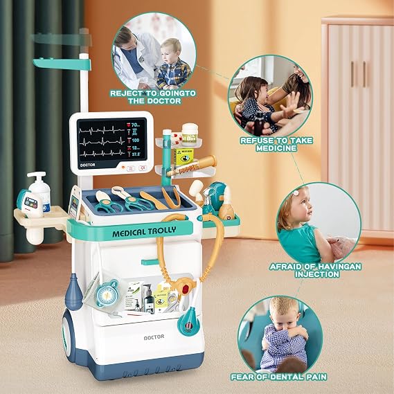 Doctor Kit for Kids 26 Accessories Pretend Medical Station Set for Boys & Girls Mobile Cart with Stethoscope and Medical Toy Accessories for Ages 3 and Up Children Role Play Educational Toys