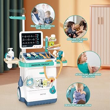 Doctor Kit for Kids 26 Accessories Pretend Medical Station Set for Boys & Girls Mobile Cart with Stethoscope and Medical Toy Accessories for Ages 3 and Up Children Role Play Educational Toys