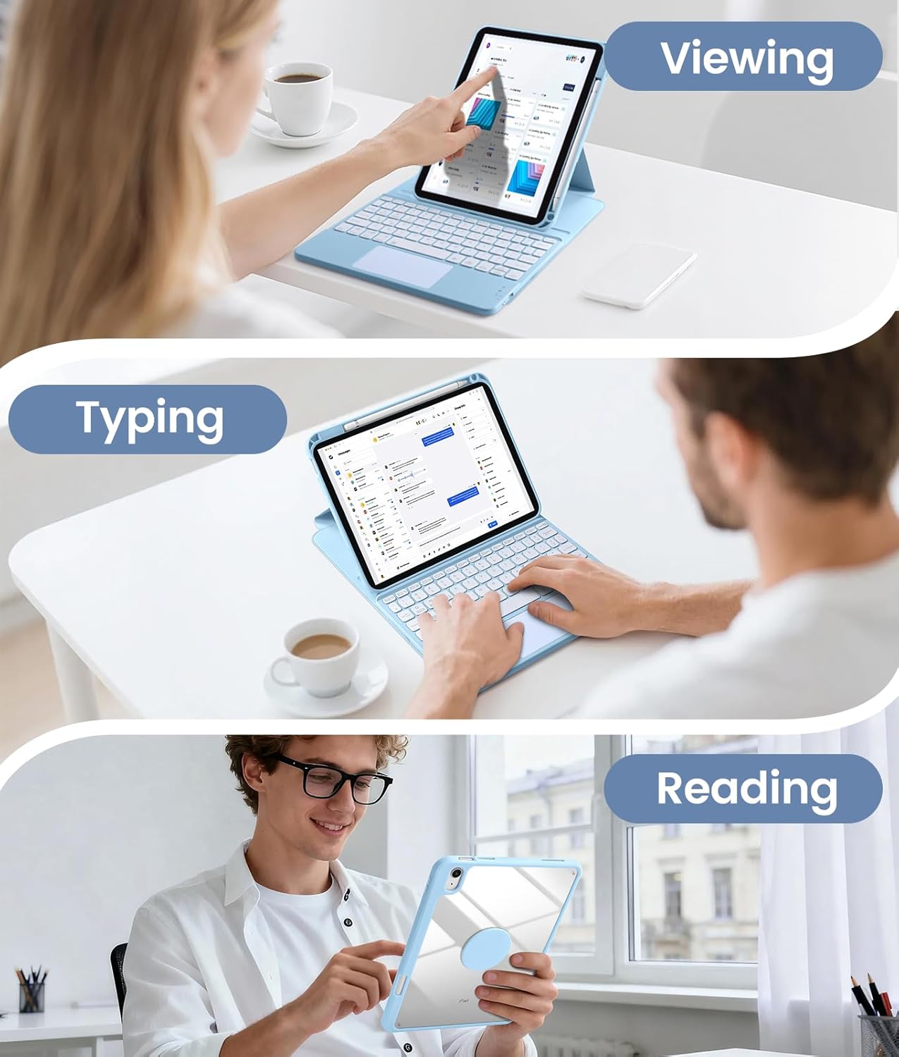 User interacting with iPad in viewing, typing, and reading modes
