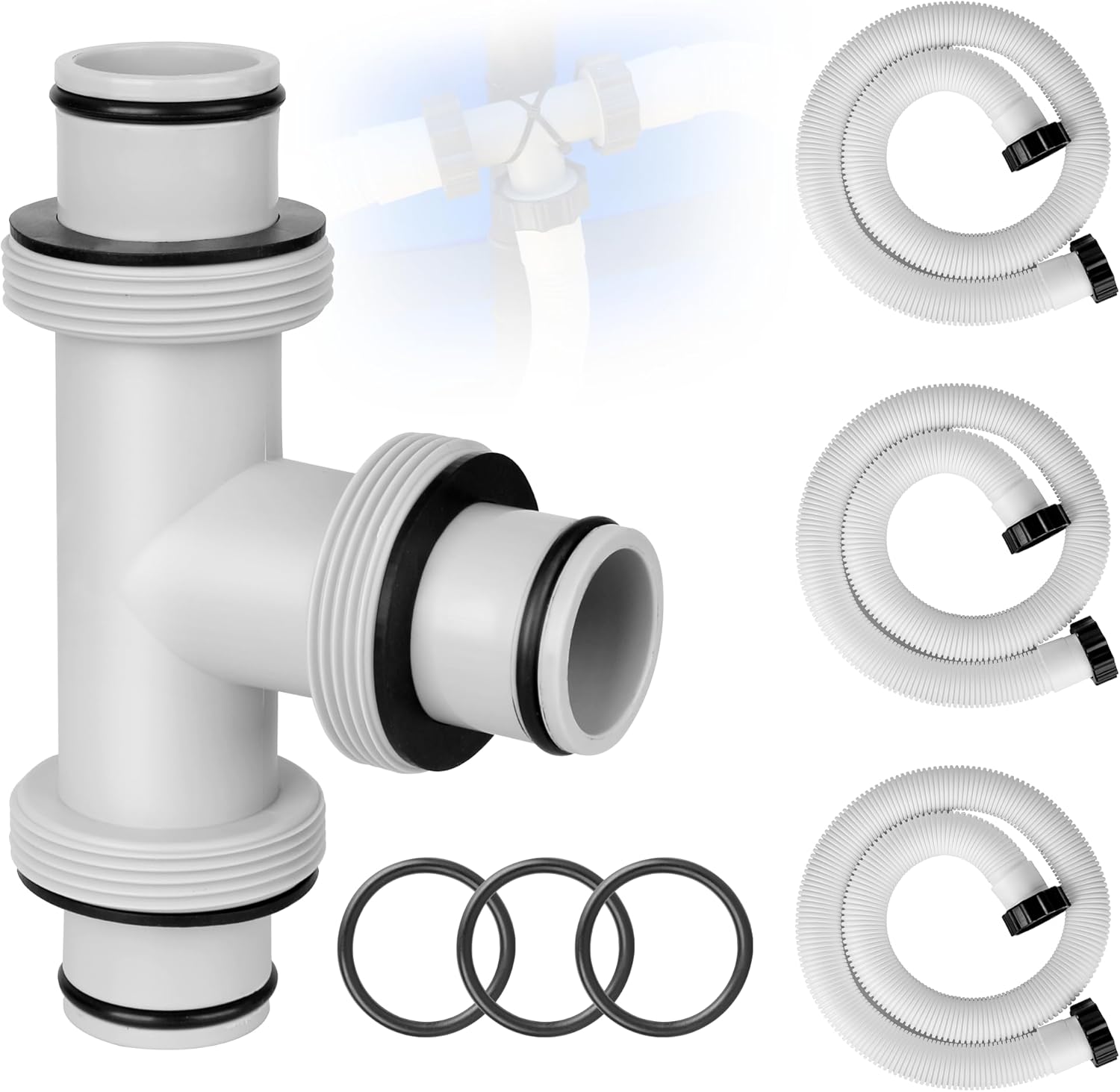 1.5" to 1.5" T-Shaped Pool Hose Connector Kit with 3 x 59" Long Replacement Hoses - Pool Hose Adapter for Intex & Coleman Above Ground Pool Filter Pumps, Sand Filters, and Saltwater Systems (white)