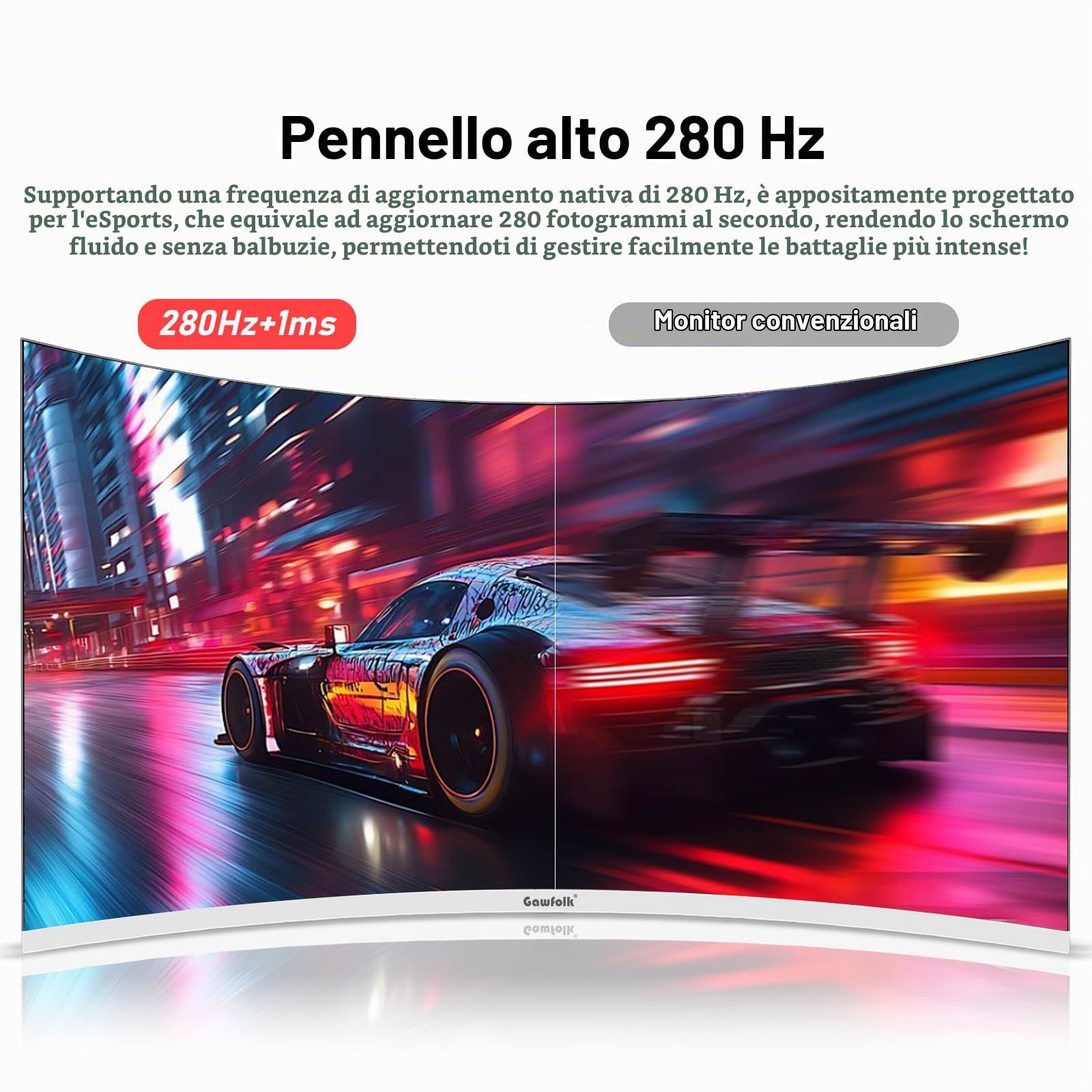 Gawfolk Monitor per PC da 27 pollici, curvo 280 Hz, 1800 R,1 m, FHD 1080p, 178 °, grandangolo, ultra sottile, HDMI、DisplayPort, compatibile con montaggio a parete 100 x 100 mm, bianco