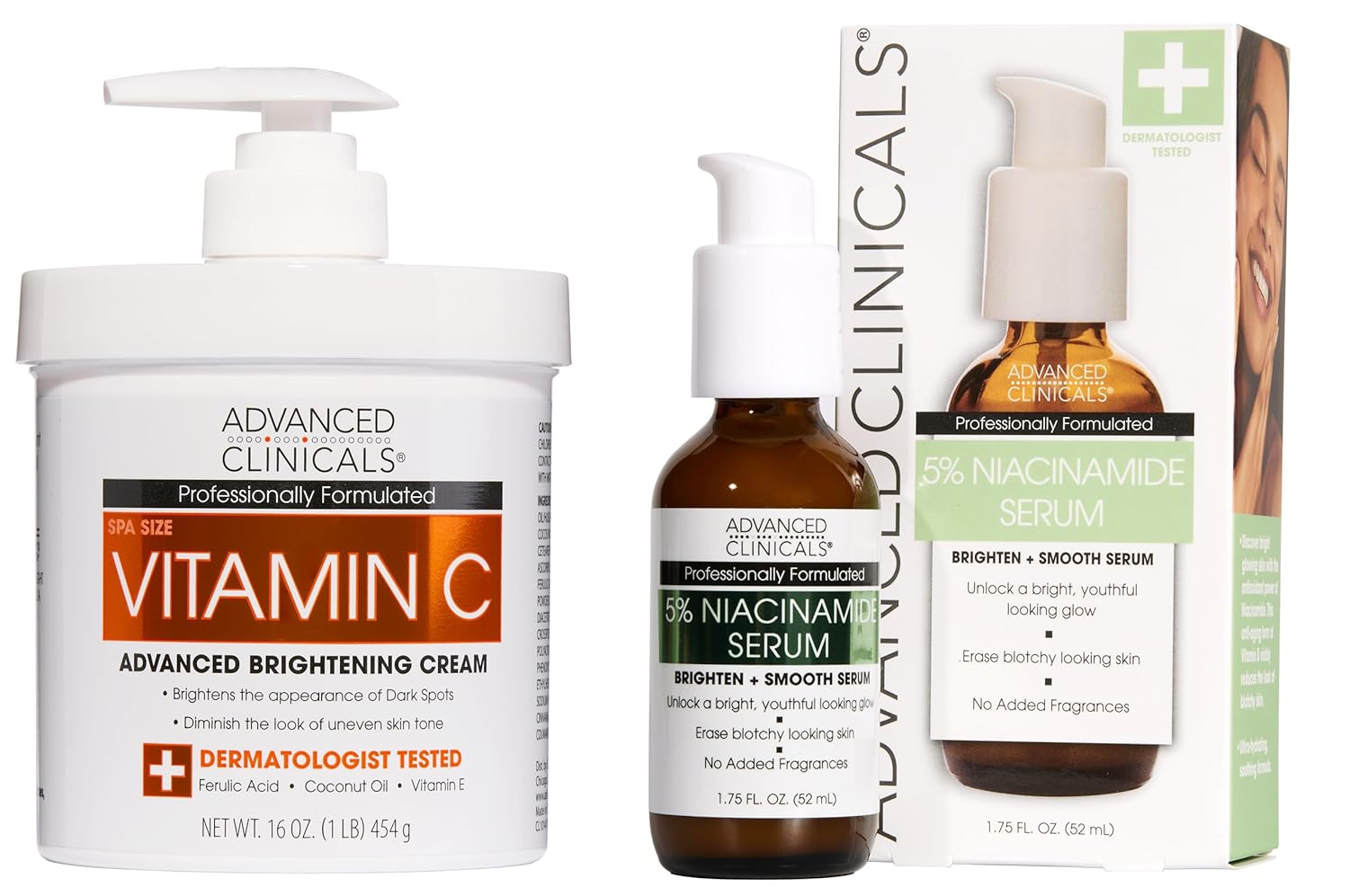 Advanced Clinicals Brightening Vitamin C Cream + 5% Niacinamide Serum W/Hyaluronic Acid 2pc Set | Vitamin C Body Lotion Moisturizer & Dark Spot Remover Face Serum | Skin Care Products, 2pc Bundle