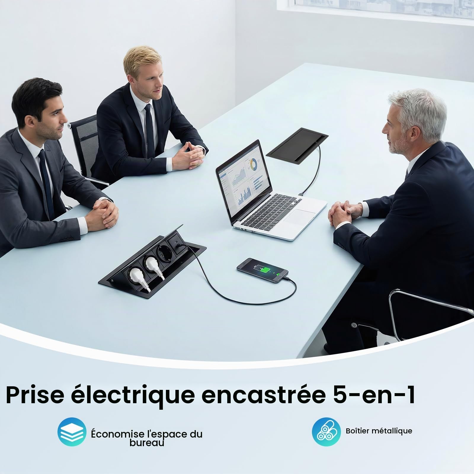 Prise Encastrable 3 Prises, avec 1 USB-C et 1 USB-A, Prise Table Escamotable Multiprise Alliage d'Aluminium, Câble d’Alimentation 2M, 20W USB, pour Bureau, Salle de Jeux, Salle de Réunion 2500W